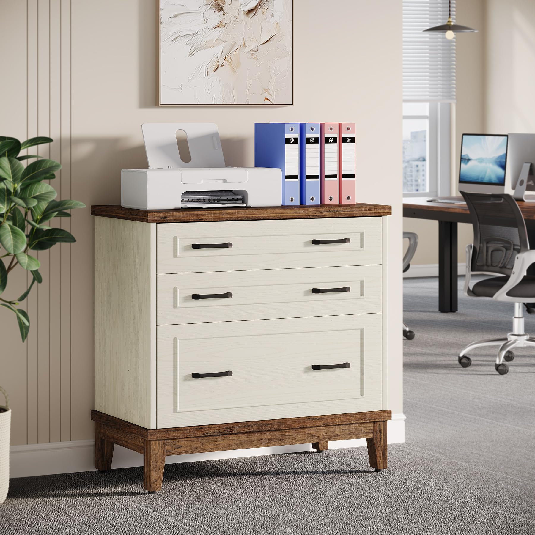 Tribesigns 3-Drawer Lateral File Cabinet for A4/Letter/Legal Size Documents - Wooden Office Storage Cabinet & Printer Stand in White/Walnut - Perfect for Home Office, Living Room & Workspace Organization