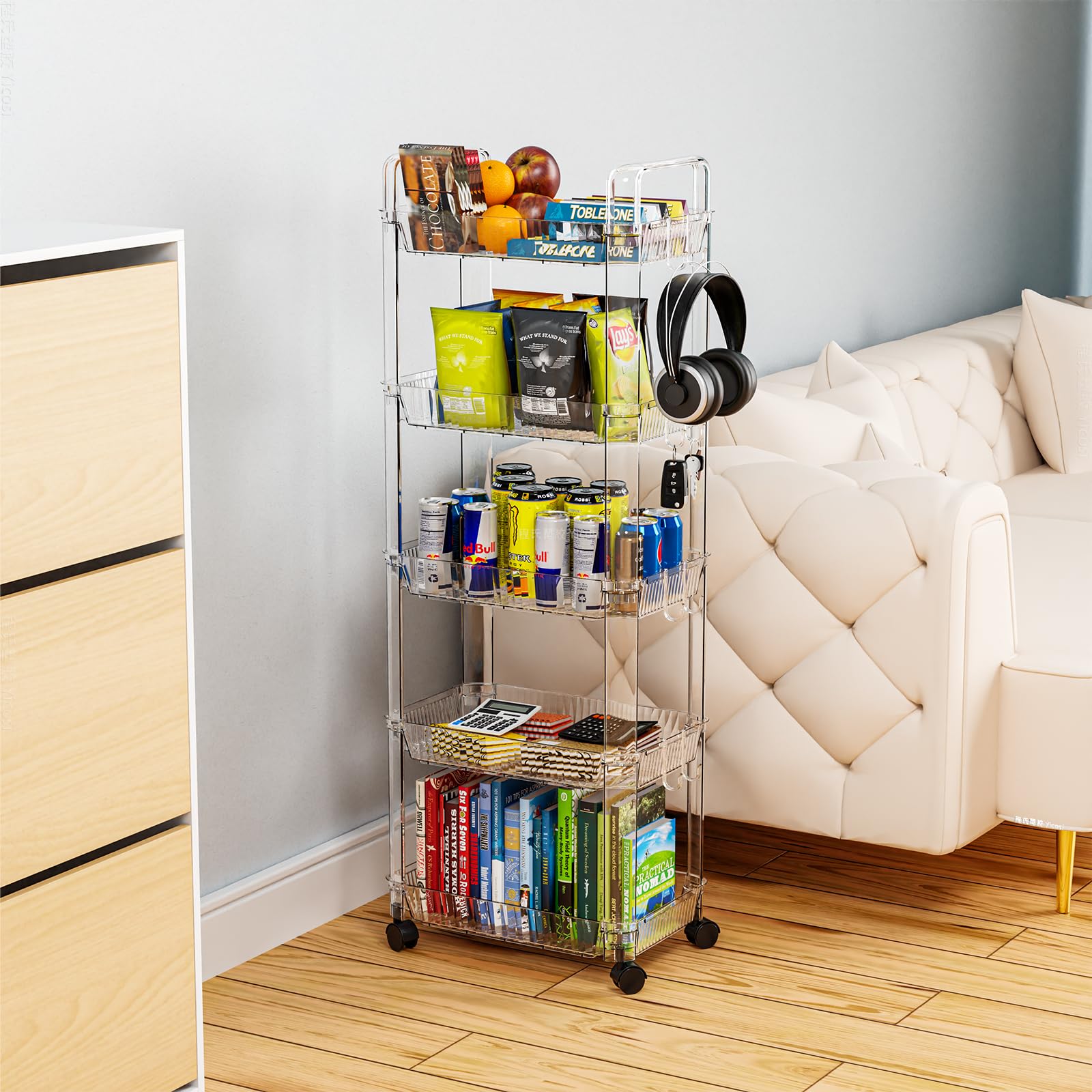 5-Tier Rolling Cart with Wheels - Clear Acrylic Utility Storage Cart for Dorm Room, Bathroom, Kitchen, Art Supplies & Diaper Organization | Mobile Storage Solution for Small Spaces & Home Organization