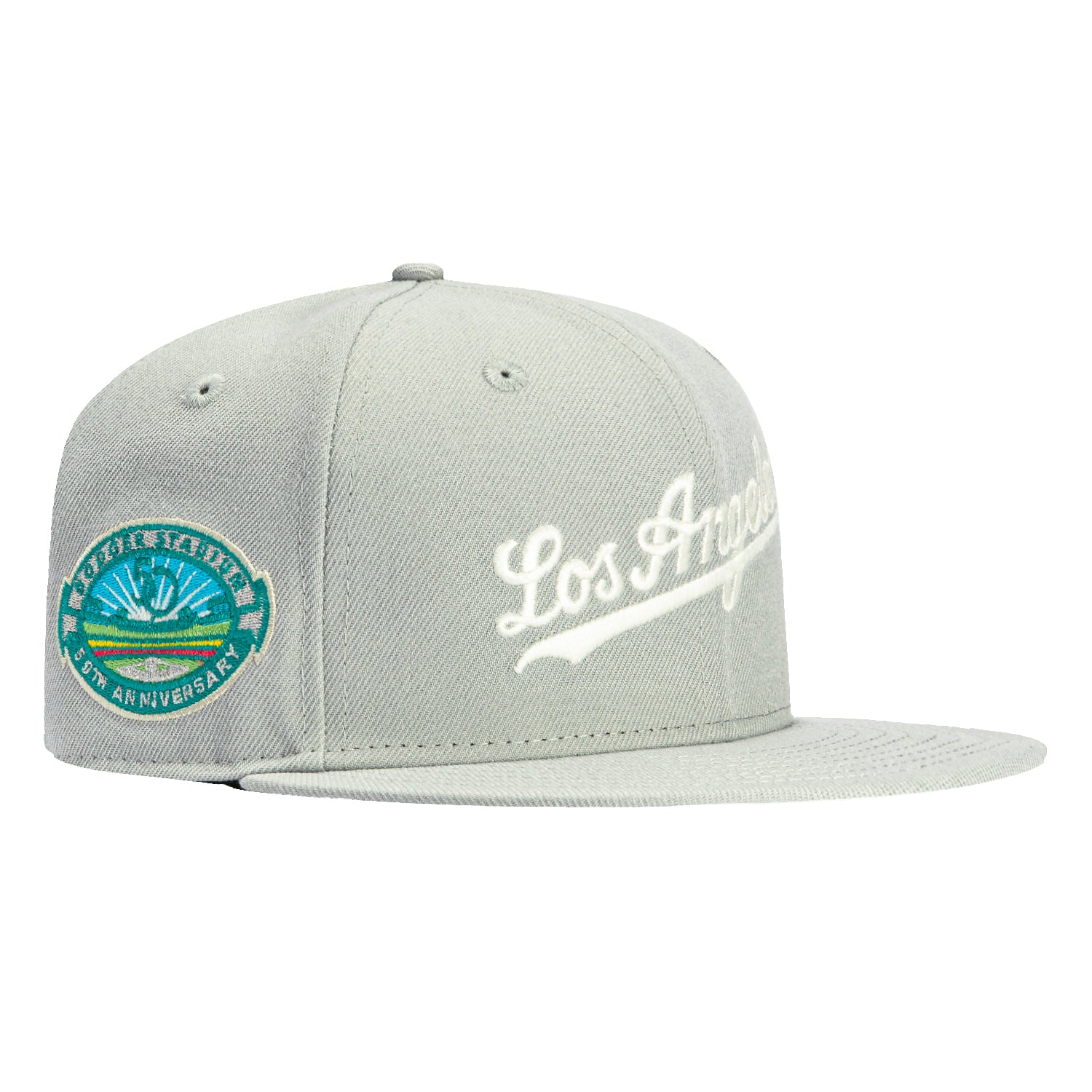 New Era 59Fifty Los Angeles Dodgers 50th Anniversary Stadium Patch Script Hat - Grey & White | Official MLB Baseball Cap for Fans & Collectors | Perfect for Games, Gifts & Streetwear Fashion
