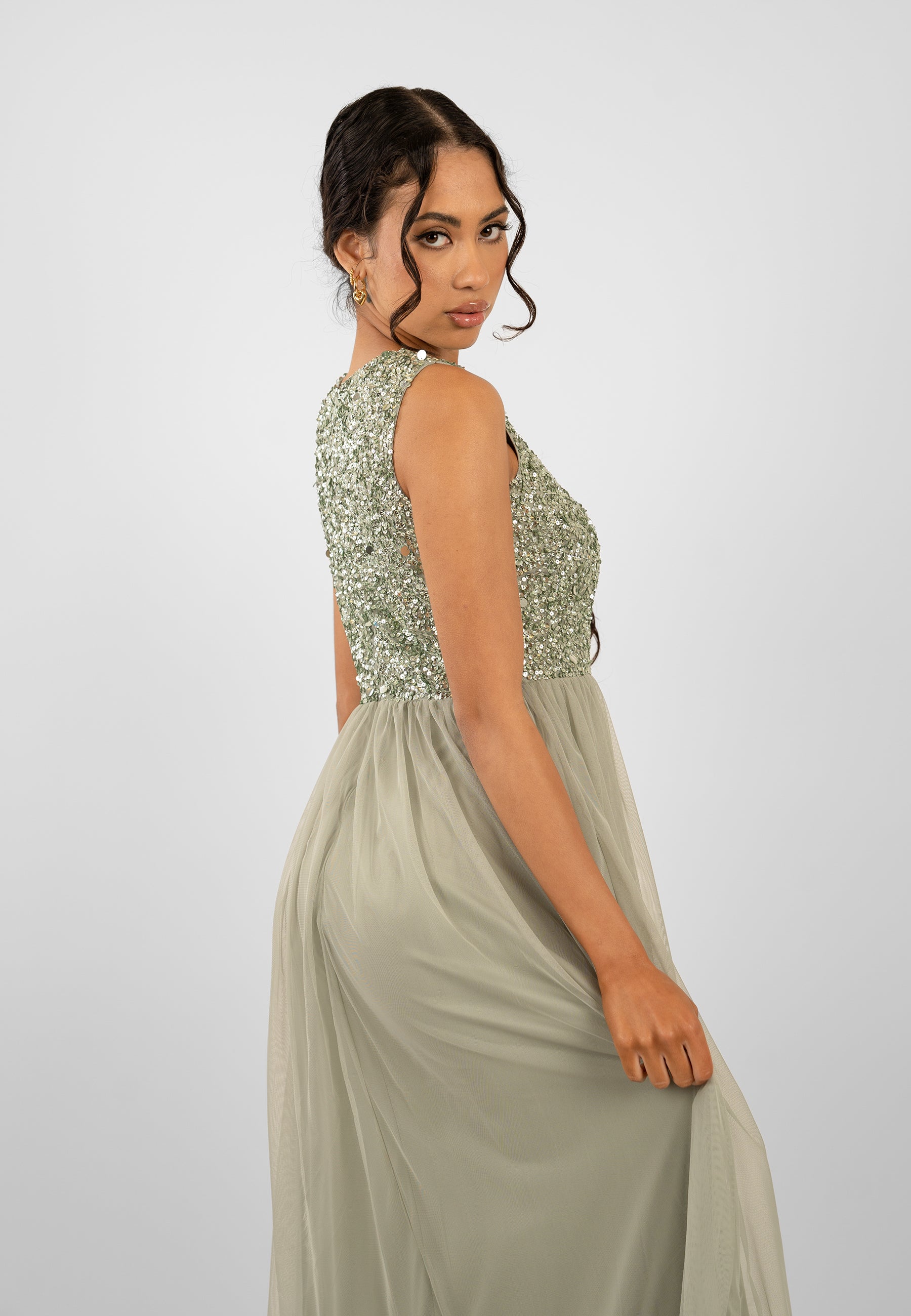 Elegant Sage Green Embellished Bridesmaid Dress - Perfect for Weddings, Formal Events & Special Occasions