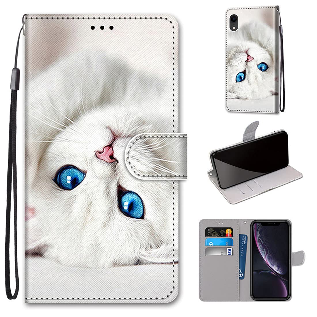 Aipyy iPhone XR Wallet Case - White Kitten Design, PU Leather Magnetic Flip Cover with Card Slots & Wrist Strap | Perfect for Daily Use, Travel & Hands-Free Viewing