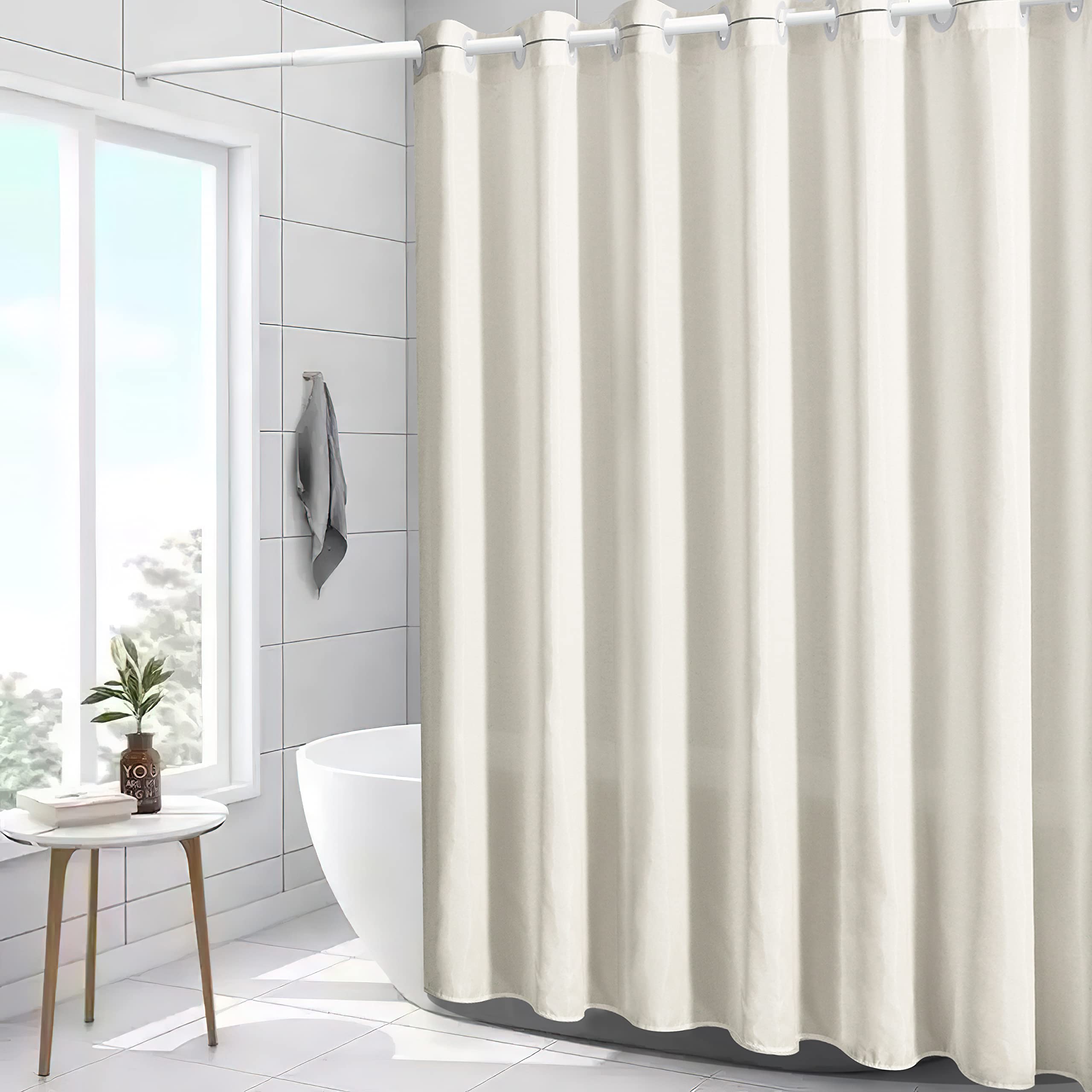 Furlinic Beige Small Stall Shower Curtain 48x78 Inch - Half Narrow Size Polyester Bathroom Curtain with 6 Plastic Grommets, Waterproof & Washable Hotel Quality Shower Liner for Bathroom, Apartment, and Dorm Use
