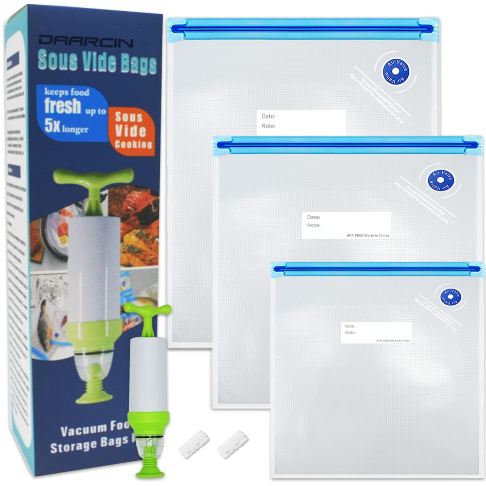 BPA Free Reusable Vacuum Sealer Bags Kit - 40pcs Sous Vide Bags in 3 Sizes with Hand Pump & Sealing Clips | Keep Food Fresh for Meal Prep, Sous Vide Cooking & Freezer Storage