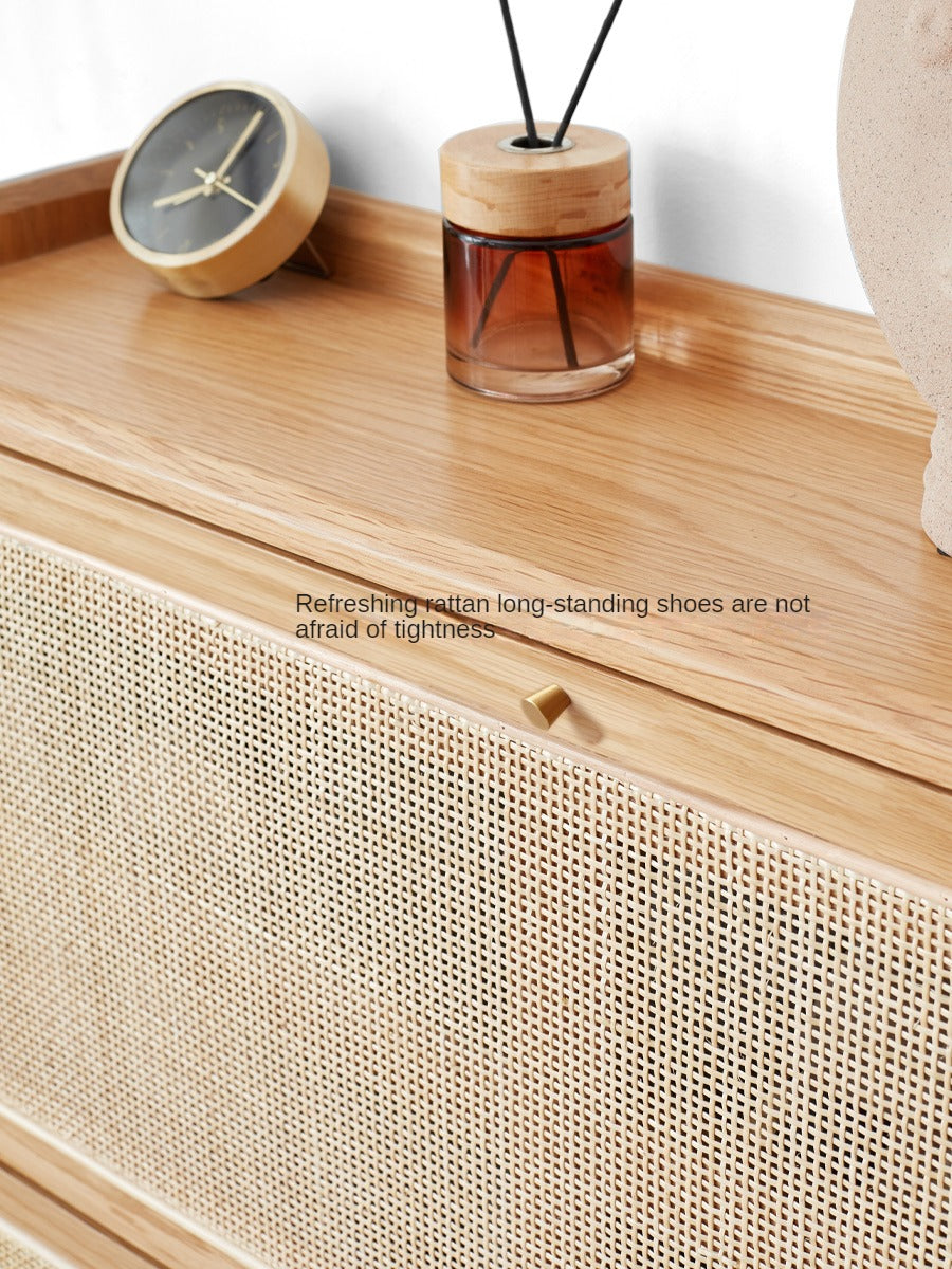 Oak Solid Wood Ultra Thin Flap Door Rattan Shoe Cabinet - Space Saving Entryway Storage Organizer for Hallway, Closet & Mudroom