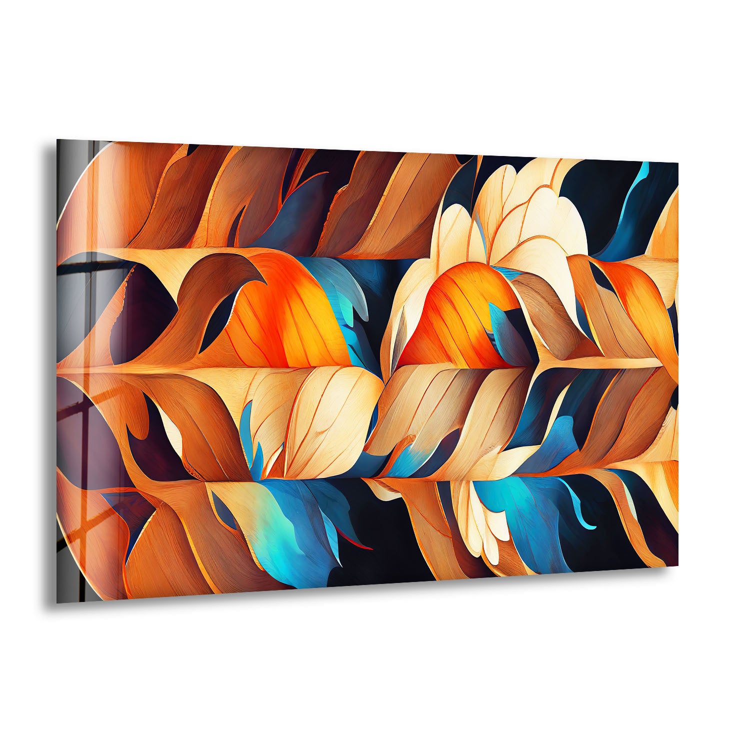 Abstract Feather Flow Glass Wall Art – Earthy Orange & Teal Nature Design Handmade Home Decor for Living Room, Bedroom & Office – Modern Nature-Inspired Wall Hangings