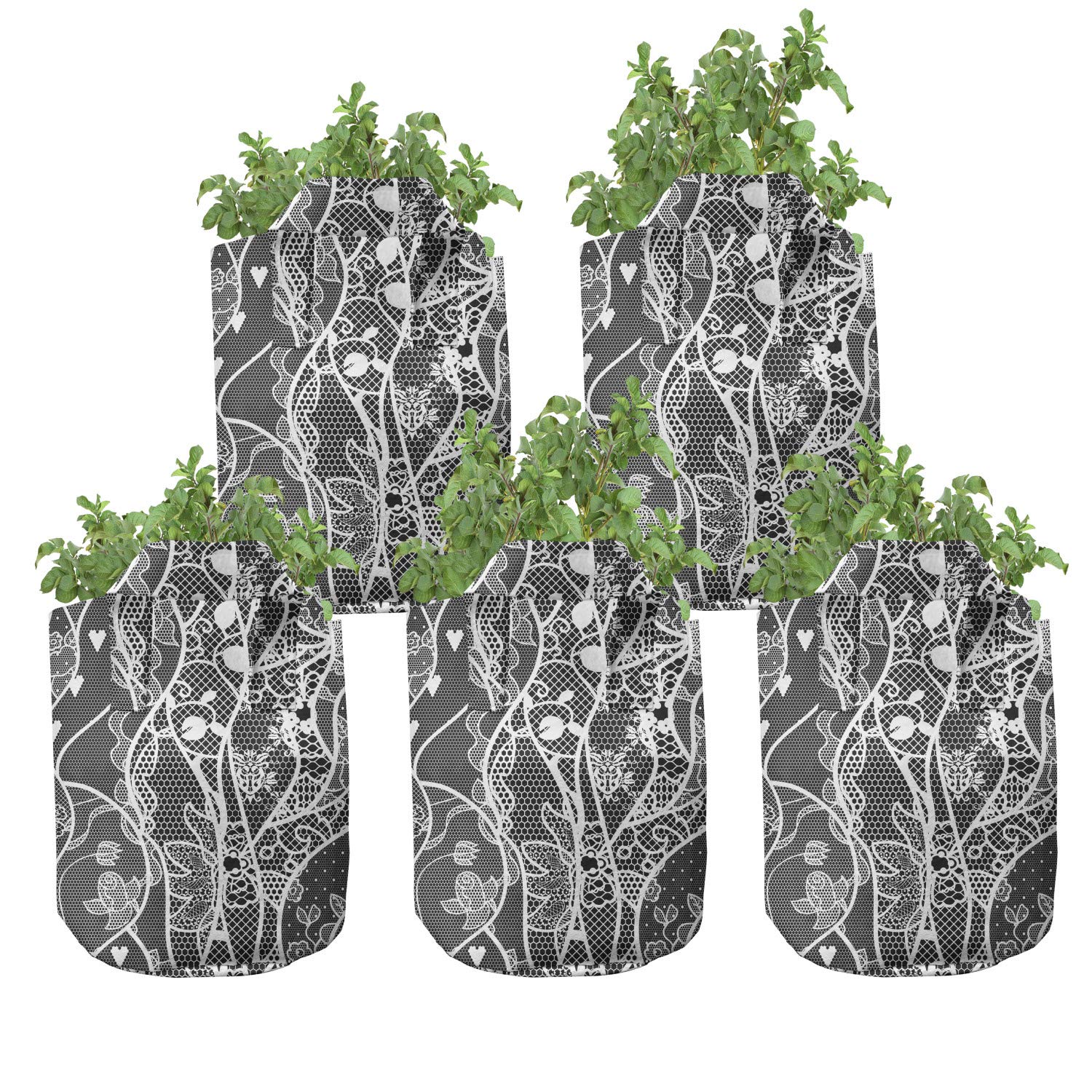 Ambesonne 5-Pack Gothic Grow Bags - Vintage Roses & Hearts Design, Heavy Duty Fabric Plant Pots with Handles, 5 Gallon Capacity, Black & White - Perfect for Indoor/Outdoor Gardening, Balcony Decor & Plant Transplantation