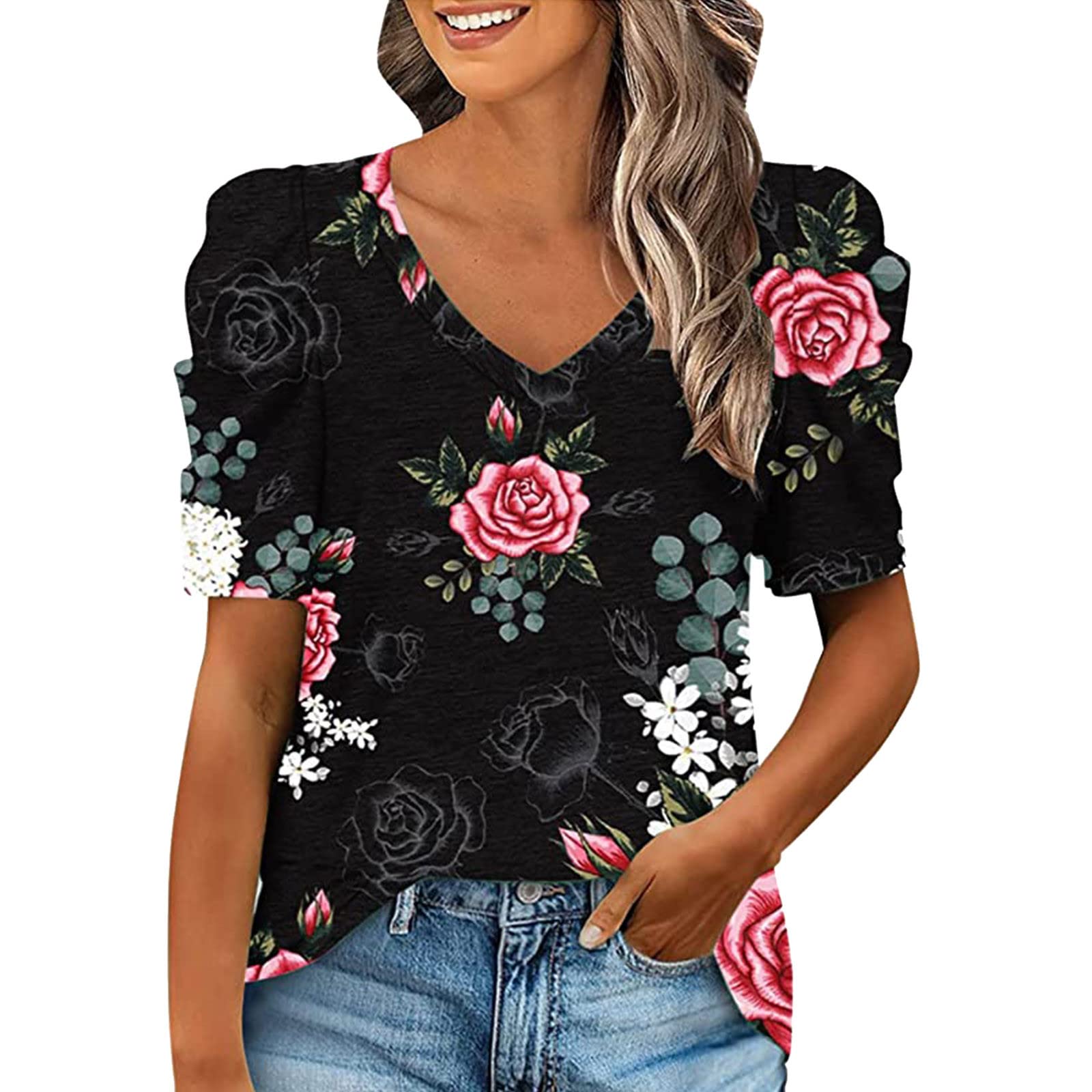 Women's Casual Floral Print V-Neck Short Sleeve Ruched T-Shirt - Pack of 1 Black Tops for Summer Outfits, Date Nights & Casual Wear