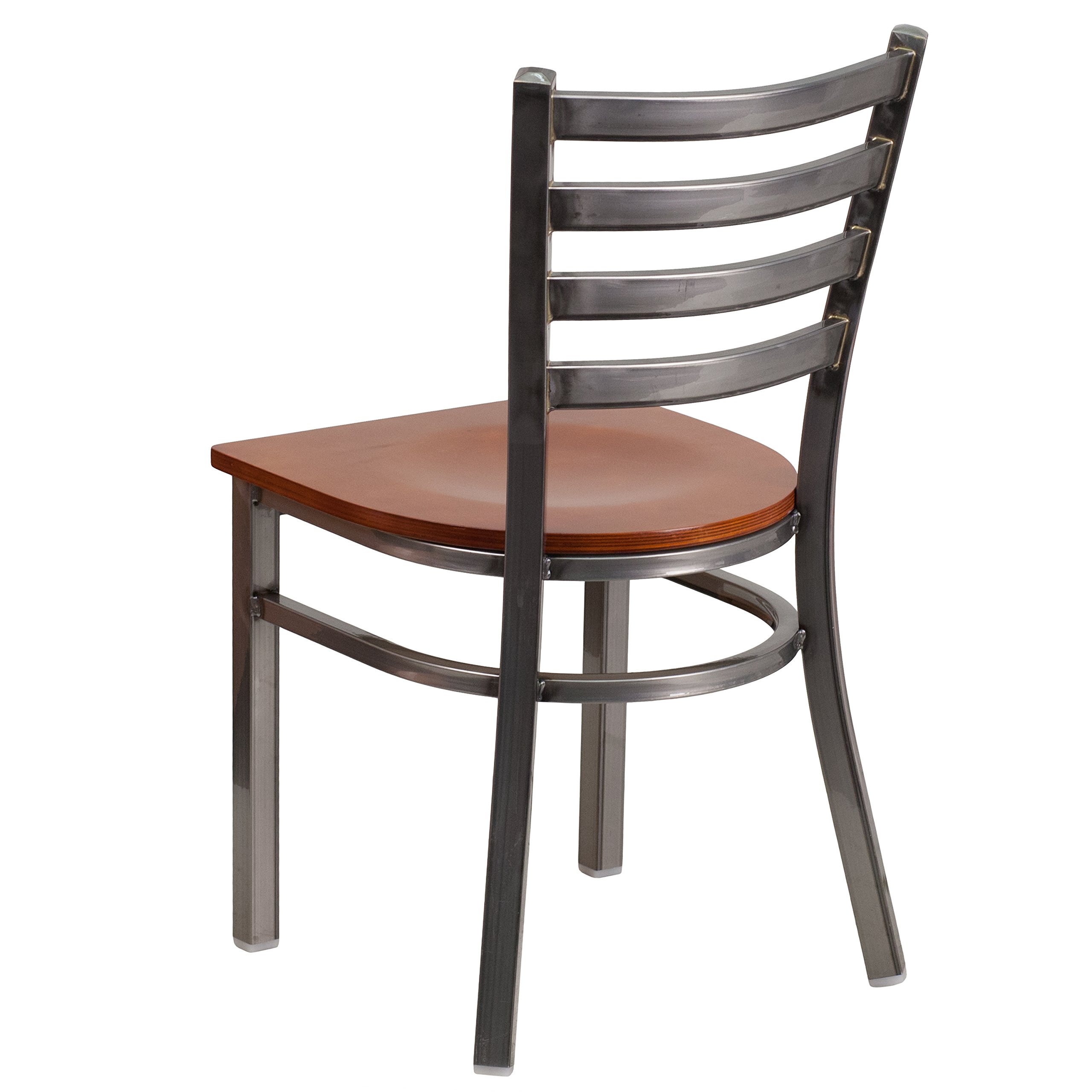 Clear Coated Ladder Back Metal Restaurant Chair with Cherry Wood Seat - Durable Commercial Dining Furniture for Cafes, Bistros and Home Kitchens