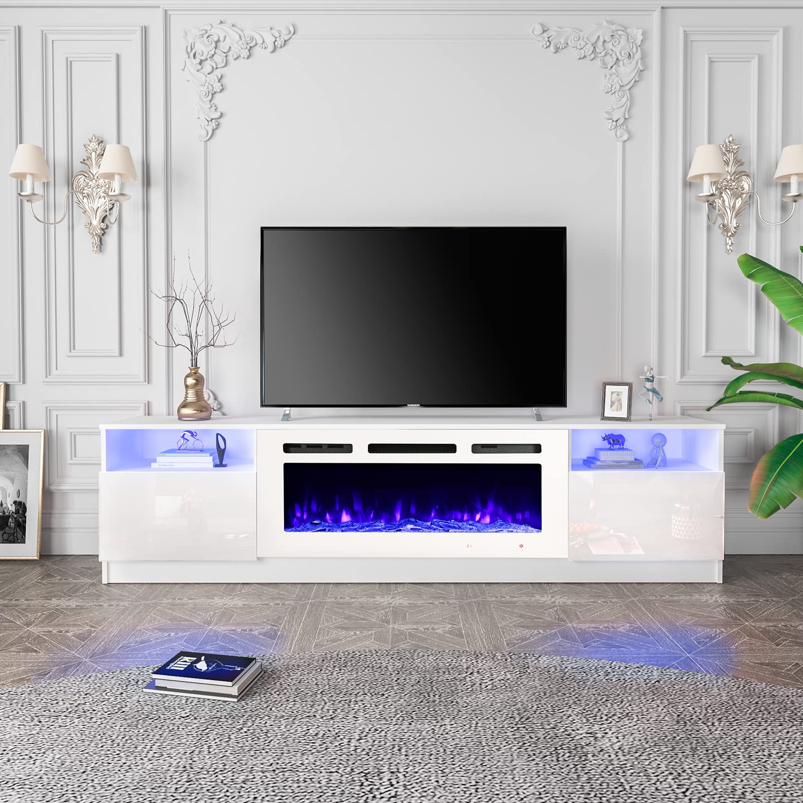 80'' Fireplace TV Stand with 40'' Electric Fireplace Heater - 16 Color LED Lights & 12 Flame Effects - Entertainment Center for TVs up to 90'' - Modern White TV Console for Living Room - Perfect for Home Theater Setup & Cozy Winter Nights