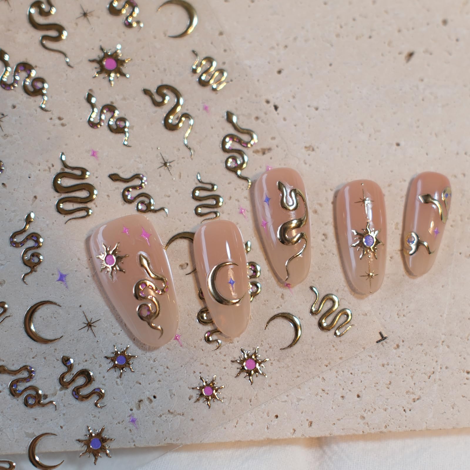 3D Gold Snake Nail Art Stickers - Holographic Embossed Nail Decals for Women, Self-Adhesive Nail Accessories & Nail Art Supplies - Perfect for Parties, Halloween, and Special Occasions