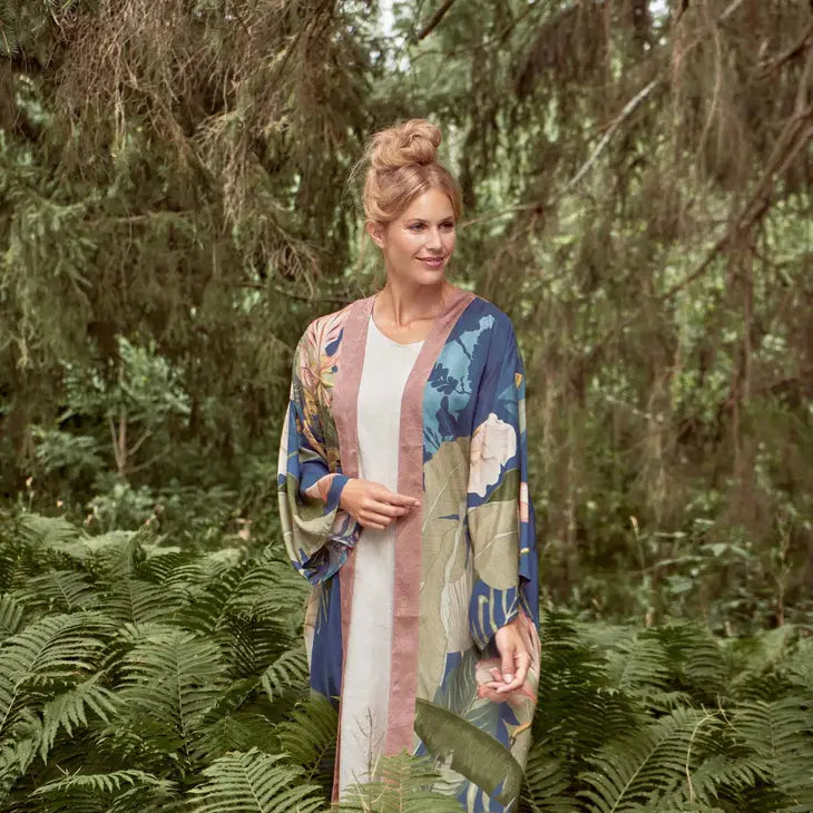Indigo Delicate Tropics Kimono Gown - Elegant Floral Print Loose Fit Cover Up - Perfect for Beach Vacation, Pool Party & Summer Boho Outfit