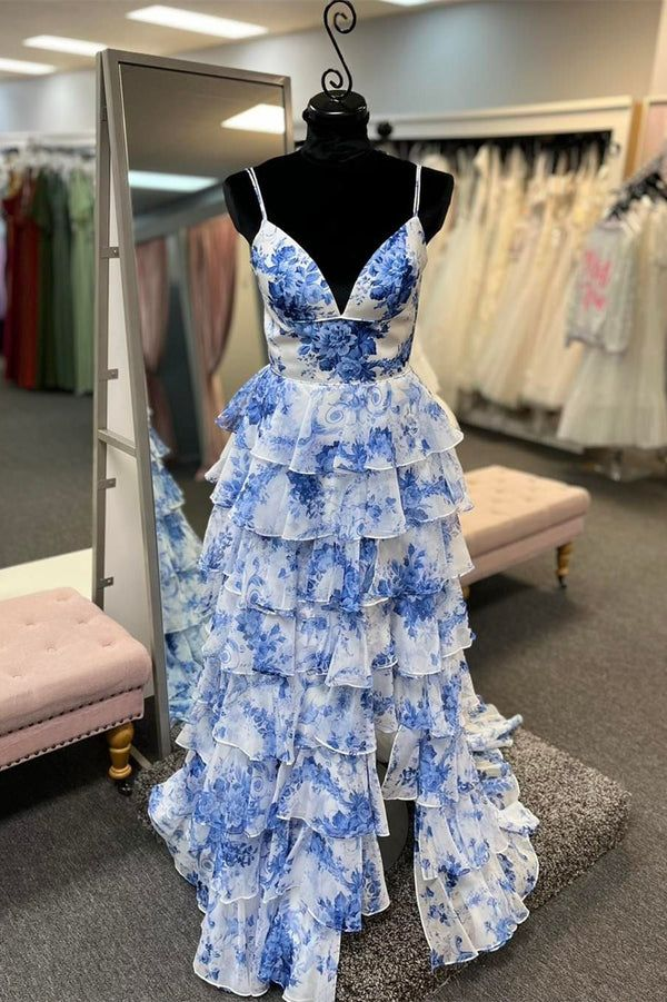 Elegant Blue Print V-Neck Tiered Long Dress with Slit - A-Line Formal Gown J5013 for Evening Parties, Weddings & Special Occasions
