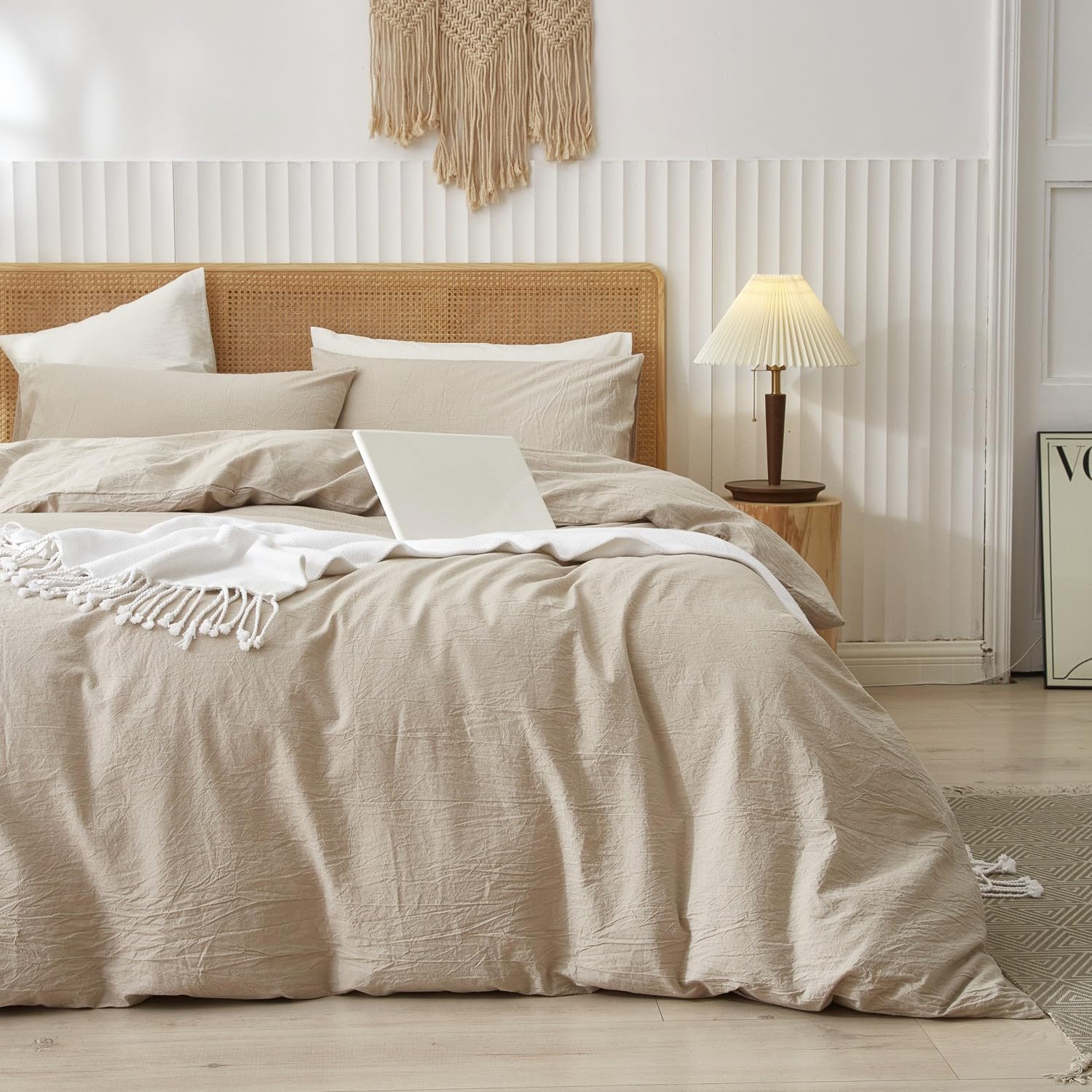 LIFETOWN 100% Washed Cotton Duvet Cover Set - Soft Linen Feel, Natural Wrinkle, Lightweight & Breathable - King Size Bedding for All Seasons (Linen Color) - Perfect for Master Bedroom, Guest Room & Cozy Home Decor