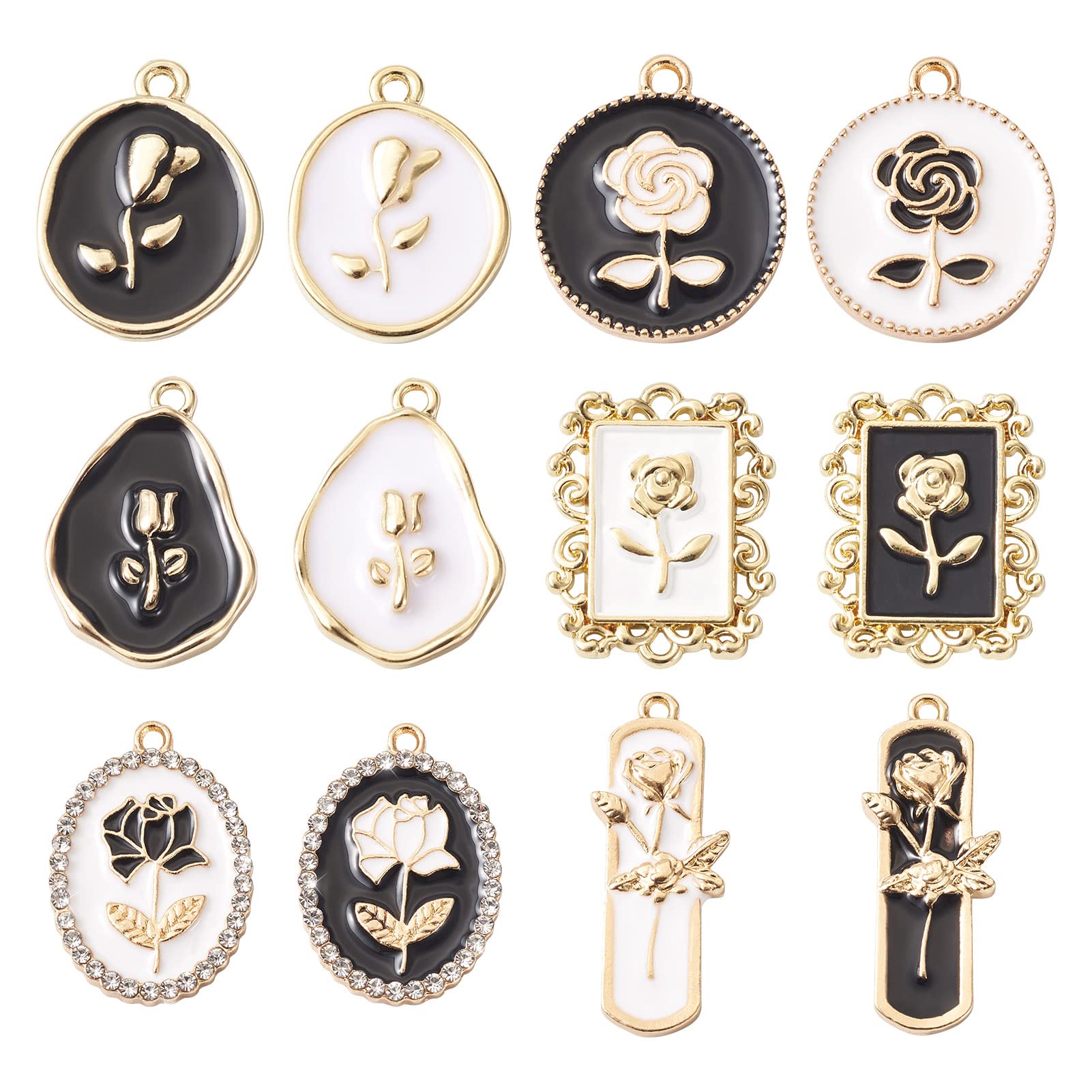 24Pcs Alloy Enamel Rose Flower Charms - Light Gold Plated Black & White Floral Pendants for Jewelry Making, DIY Crafts, Valentine's Day Gifts & Accessories - Perfect for Necklaces, Bracelets, Earrings & Scrapbooking