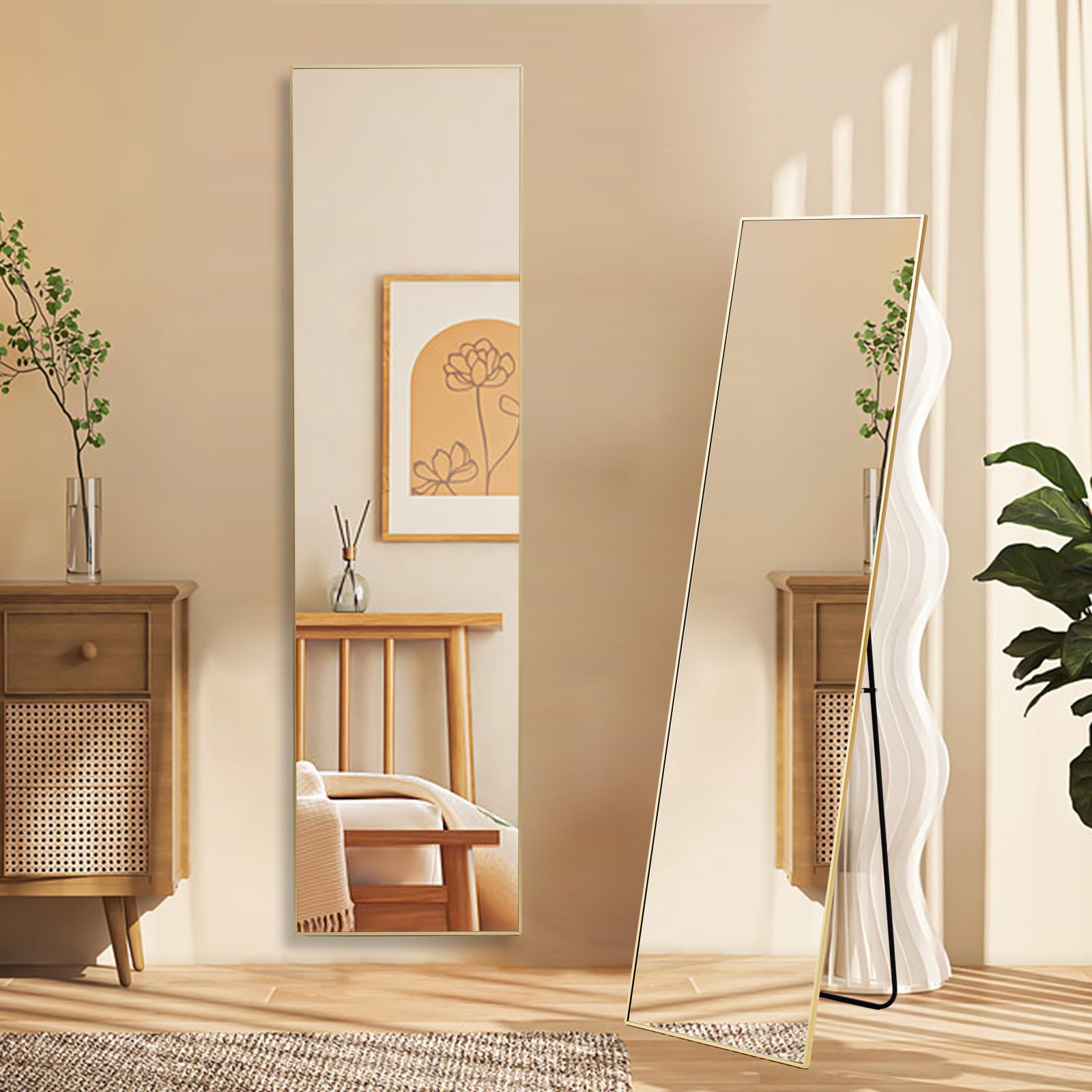 NEWBULIG Full Body Mirror 59x16 Inches - Floor Standing & Wall Hanging Mirror with Aluminum Alloy Frame for Bedroom, Living Room, Dressing Room - Gold Finish for Home Decor & Outfit Checking