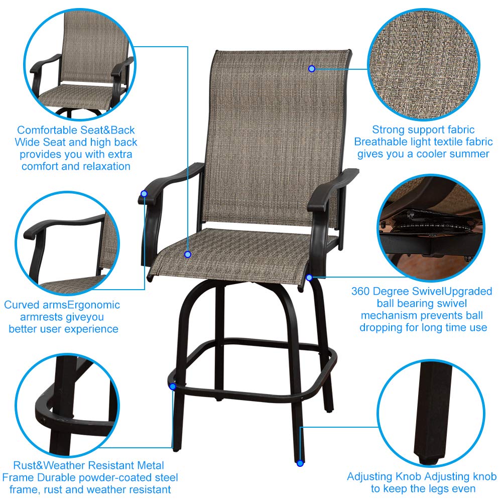 360° Swivel Patio Bar Set - Outdoor Height Bistro Chairs & Table (3pc) - All-Weather Steel Frame Furniture for Backyard, Garden, Deck & Poolside Relaxation