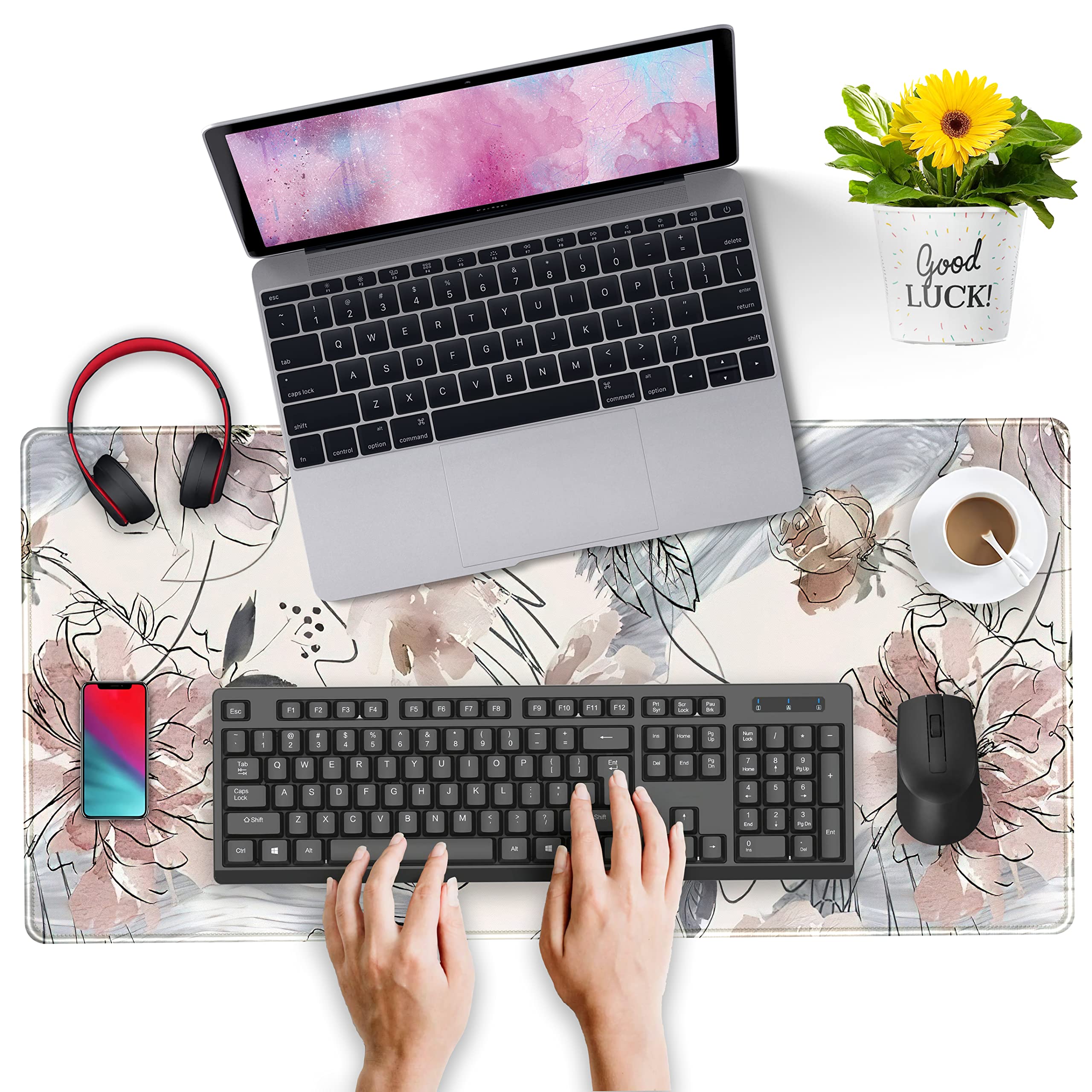 Abstract Hand-Painted Floral Extended Gaming Mouse Pad (31.5x15.75 Inch) - Non-Slip Rubber Base with Stitched Edges for Office & PC Gaming | Large Desk Mat for Keyboard & Mouse | Perfect for Workstations, Streaming Setups & Home Offices