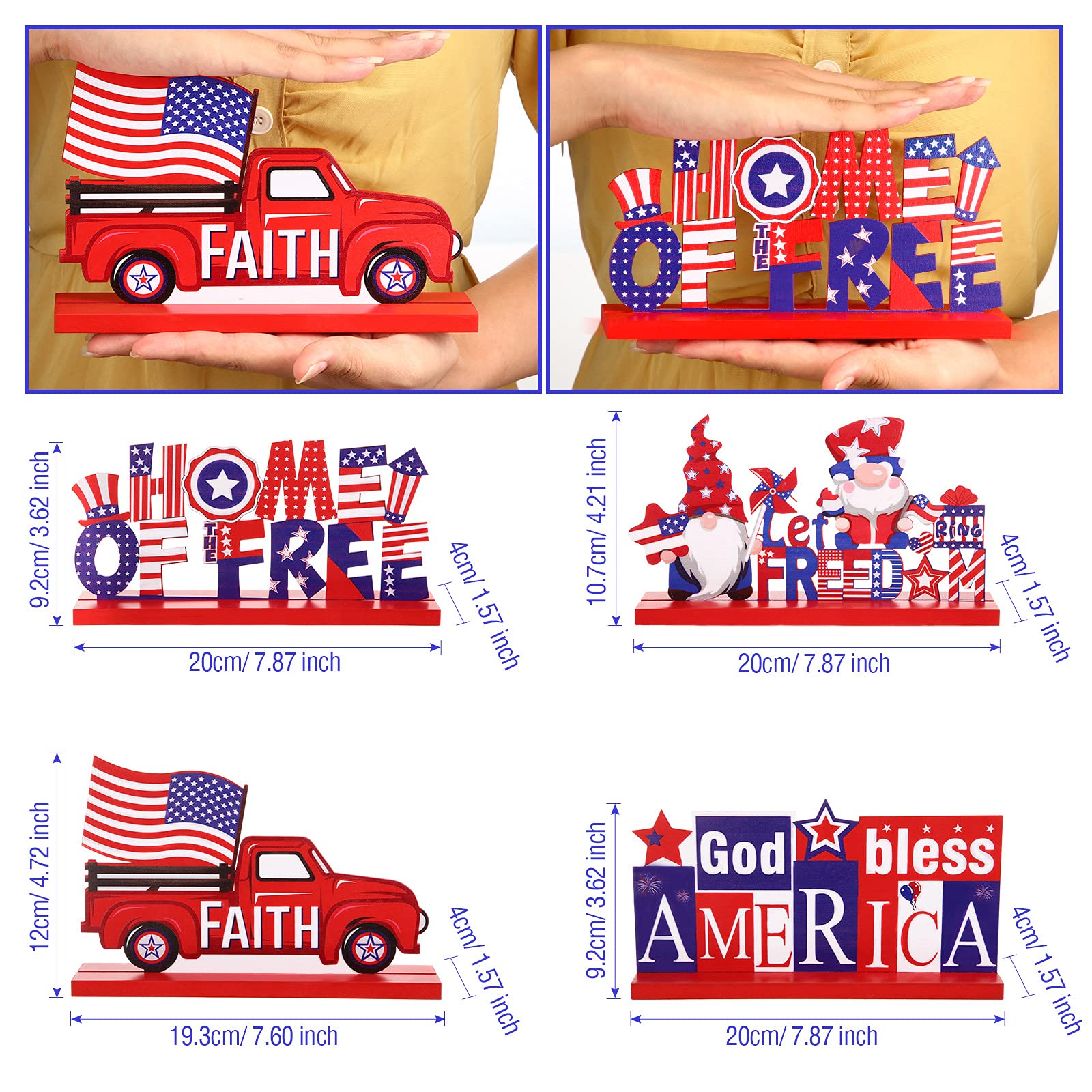 4th of July Wooden Table Centerpiece - 4-Piece Patriotic Table Decor Set with 