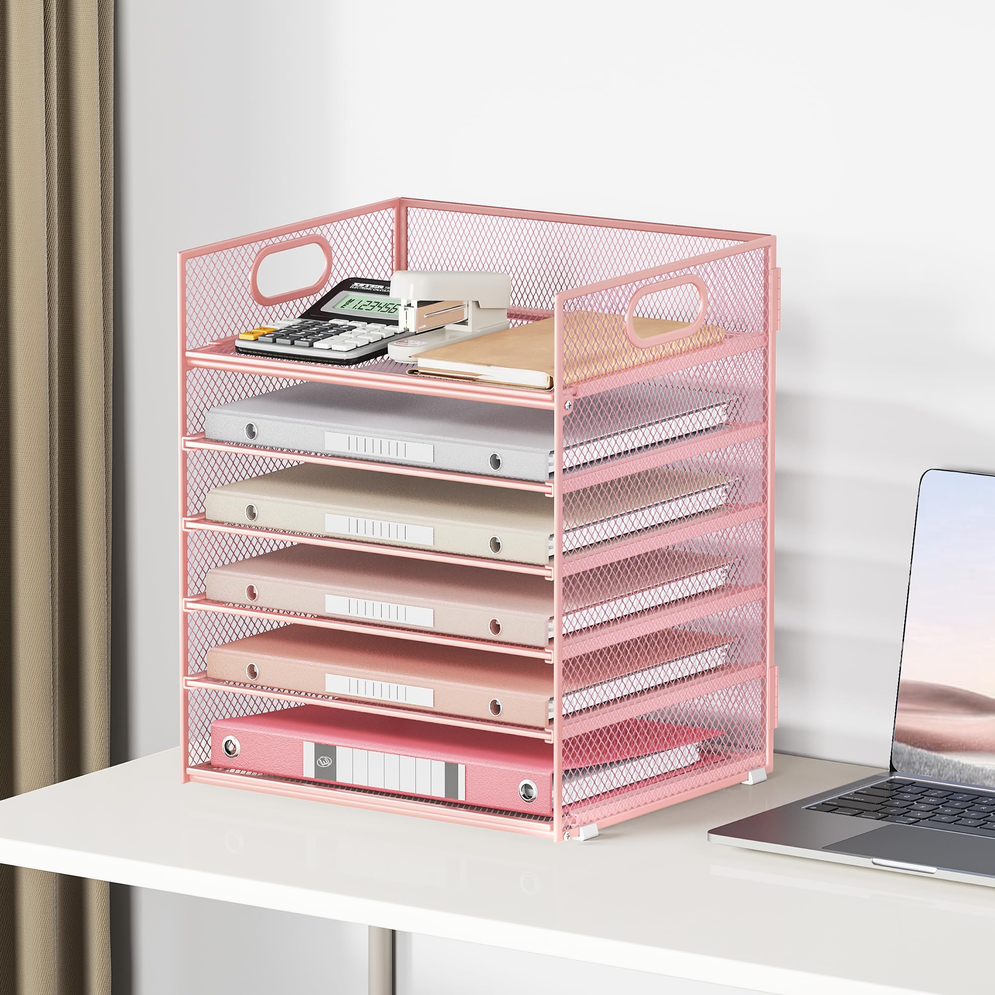 6-Tier Mesh Desk File Organizer with Handle - Letter Tray Paper Sorter for Office, Home & School - Pink File Folder Holder | Perfect for Organizing Documents, Mail & Office Supplies