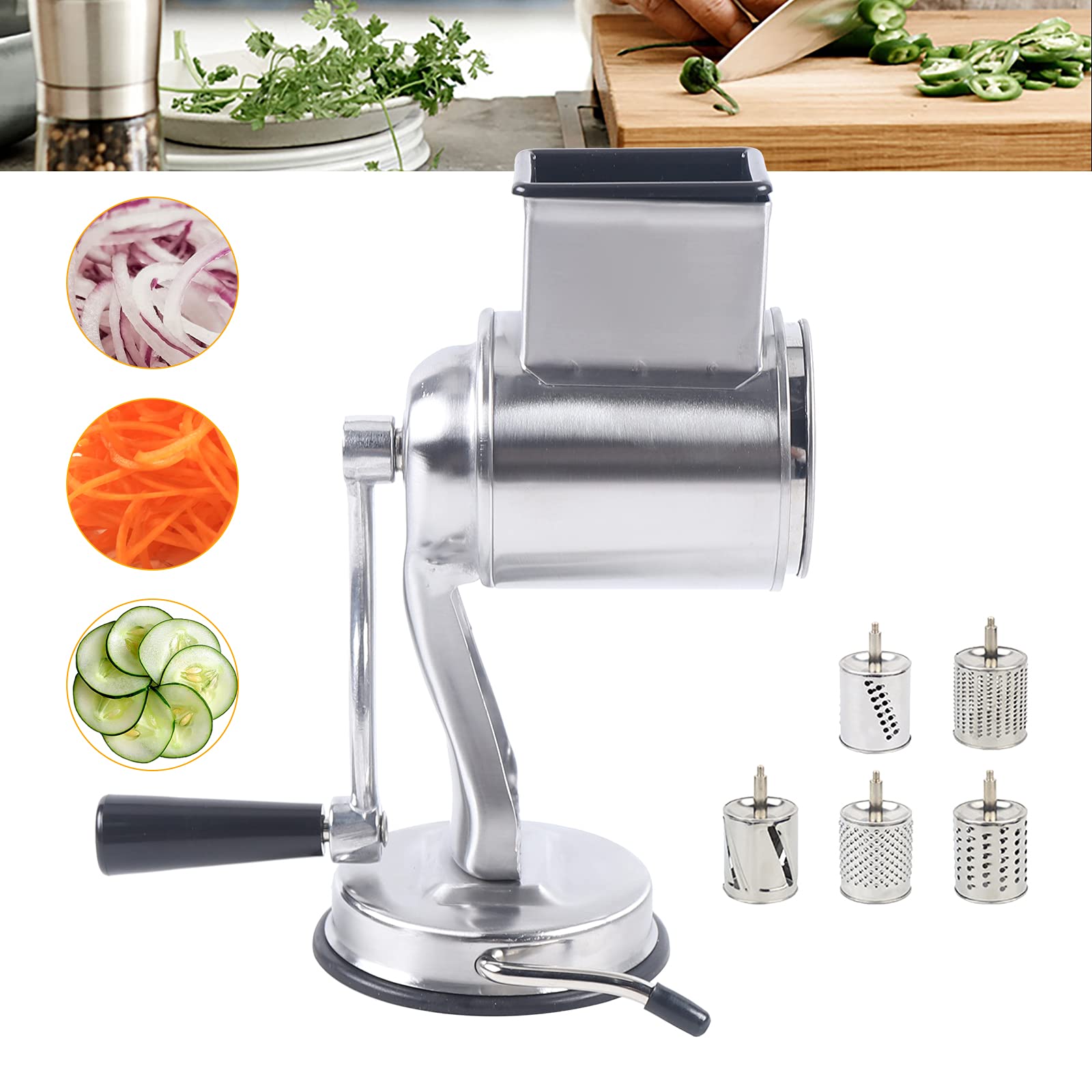 Premium Stainless Steel Rotary Cheese Grater - 5 Cone Blades for Vegetables, Fruits & Cheese | Manual Multi-Functional Food Processor | Perfect for Salads, Pasta & Baking | Kitchen Gadget for Home Chefs