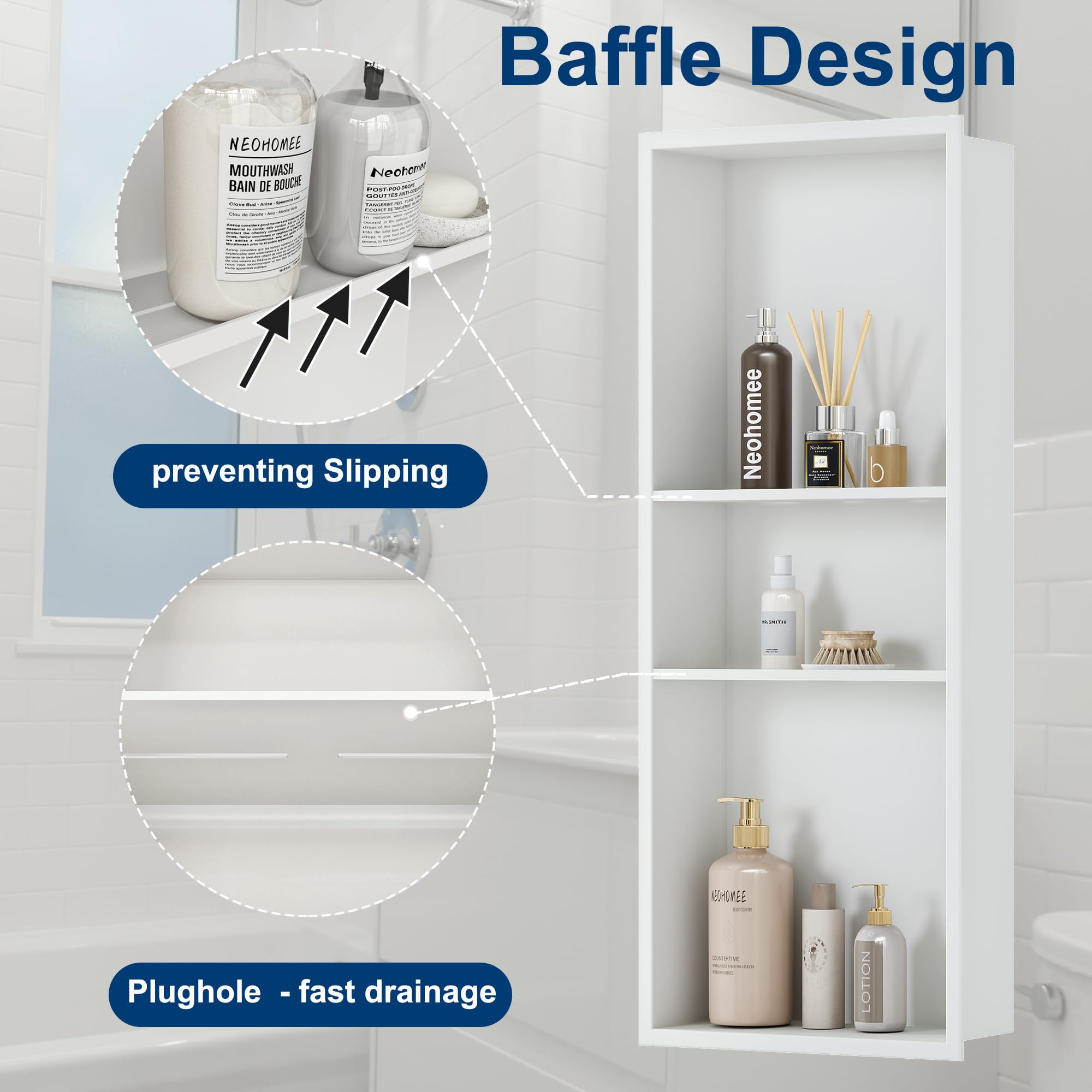 Neodrain 12X30 White Shower Niche - Stainless Steel Recessed Bathroom Storage Shelf - No Tile Needed - Perfect for Shampoo, Soap & Bath Essentials Organization