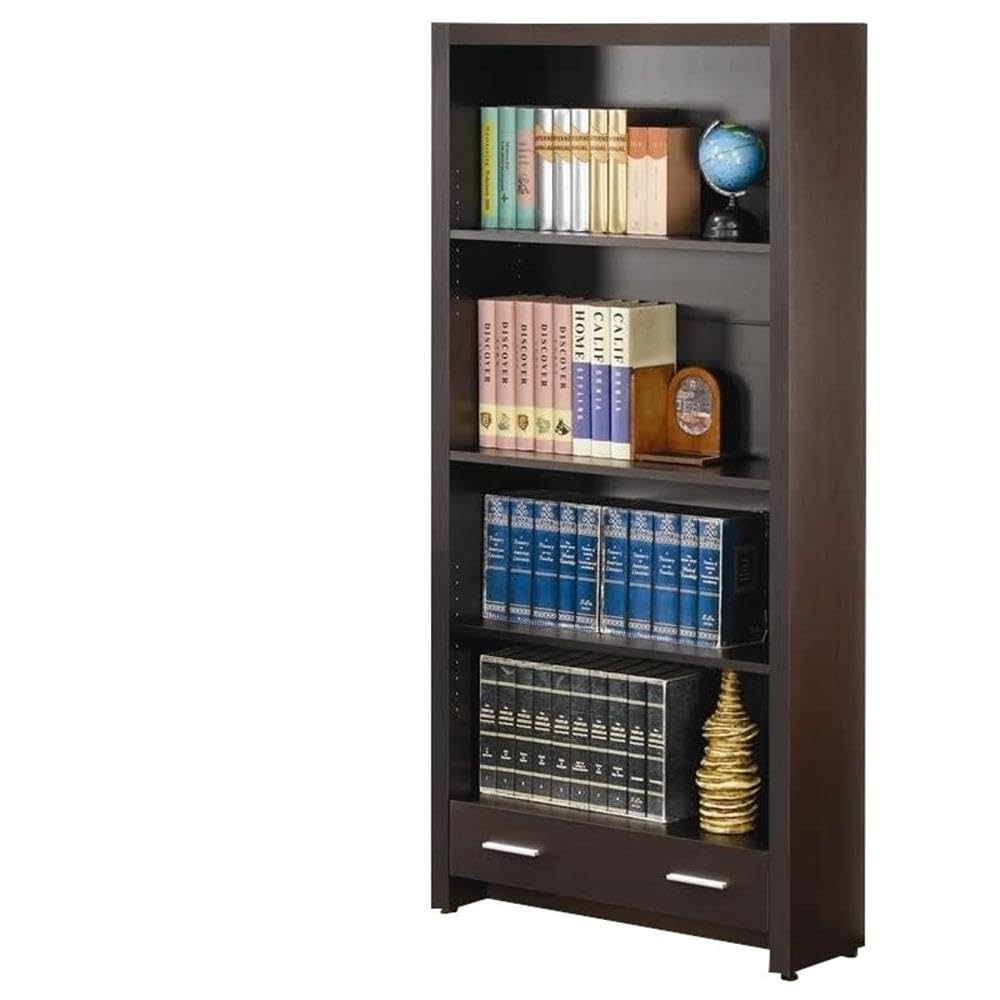 BOWERY HILL Modern 4-Shelf Bookcase with Storage Drawer in Cappuccino - Stylish Home Office Organizer for Books, Decor & Storage | Perfect for Living Room, Bedroom or Study