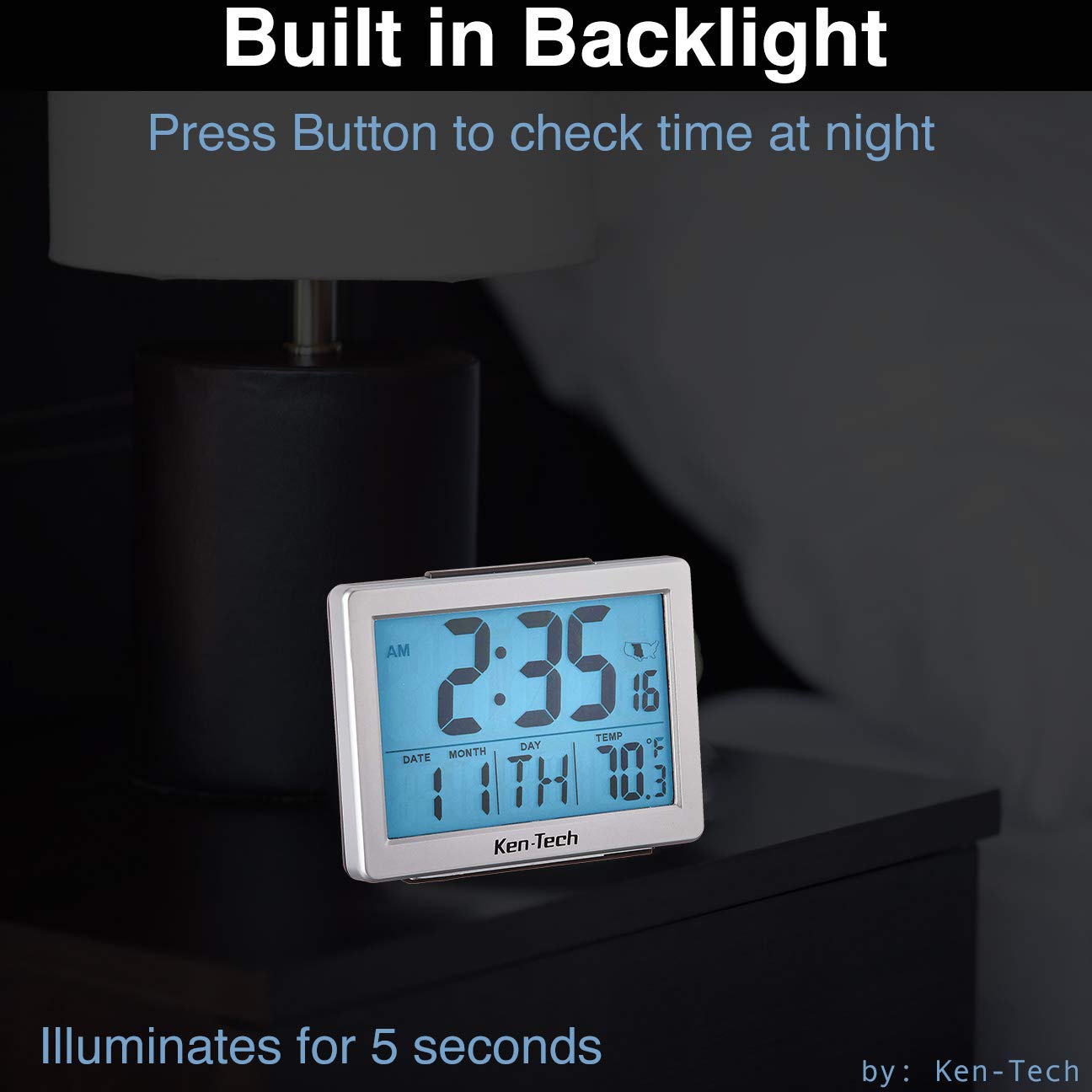 Sonnet Ken-Tech T-4652 Atomic Radio Controlled Digital Alarm Clock with 1.5-Inch LCD Display & Blue Backlight - Perfect for Bedroom, Office, and Travel Use