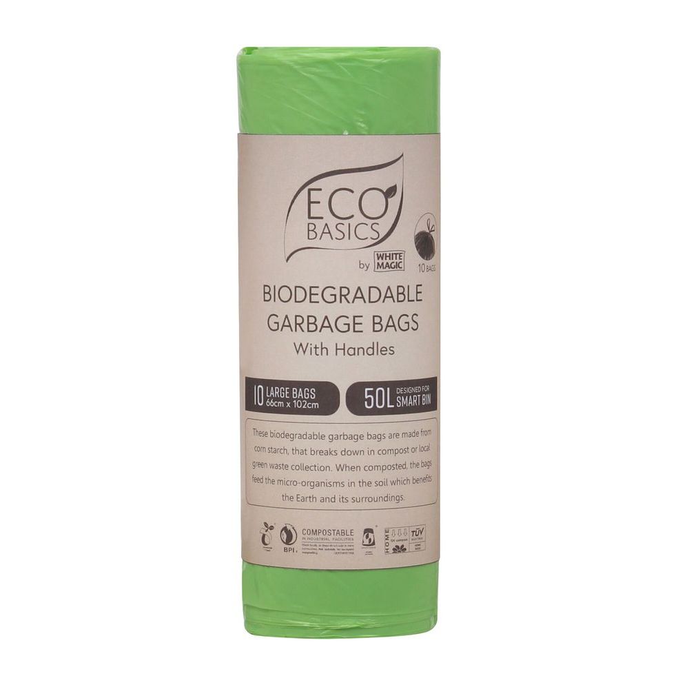 Eco-Friendly White Magic 50L Biodegradable Trash Bags - 10 Pack | Heavy Duty Compostable Garbage Bags for Kitchen, Bathroom & Outdoor Use