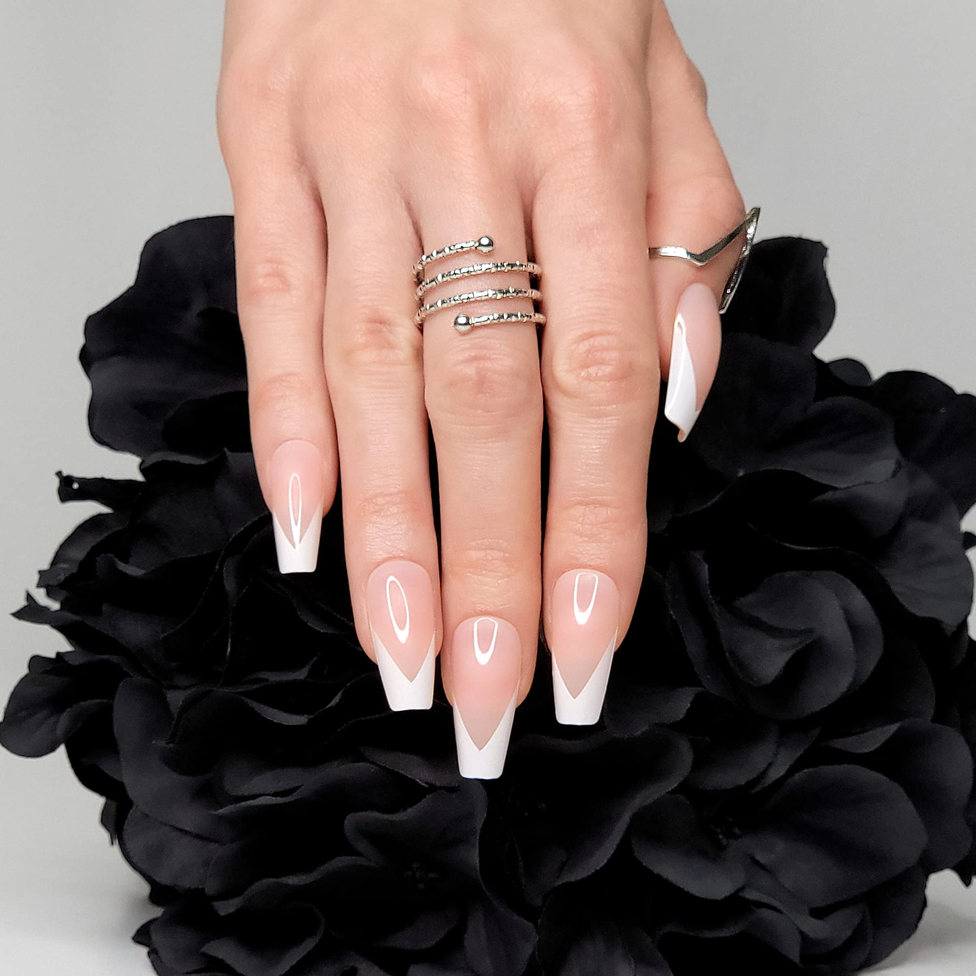 Hypnaughty 24 Pcs Modern White French Coffin Press On Nails - Medium Long Fake Nails with Glue, Nude Base & White French Tips - Perfect for Parties, Weddings & Everyday Wear