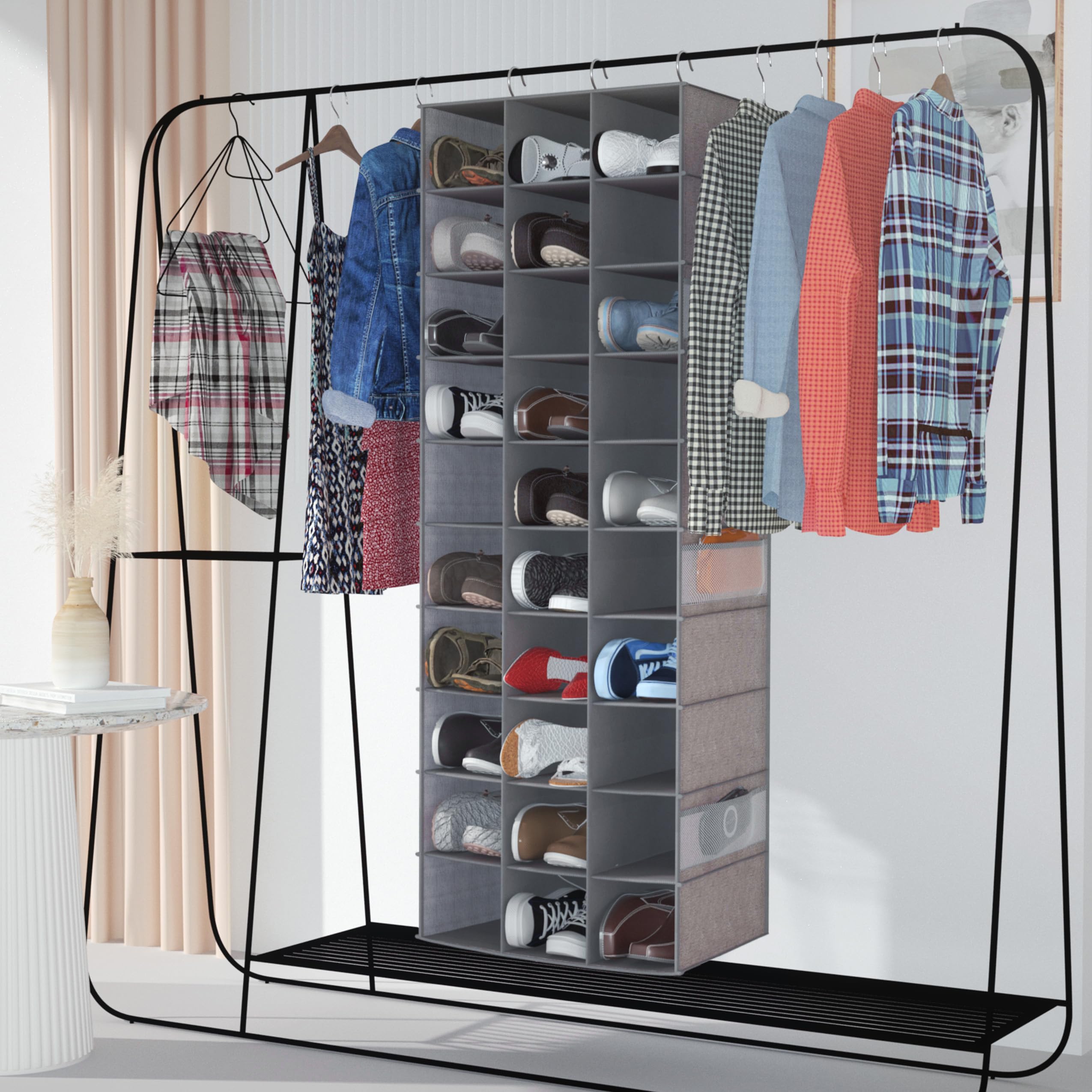 Coastal Rose 30-Section Hanging Shoe Organizer with 6 Mesh Pockets - Space Saving Closet Shoe Rack for Women & Men (Grey) - Perfect for Bedroom, Closet & Dorm Organization