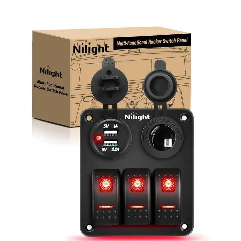 3 Gang Aluminum 5 Pin ON/Off Red Rocker Switch Panel with Dual USB Charger & Cigarette Lighter Socket - Perfect for Marine, RV, Truck, and Boat Electrical Systems
