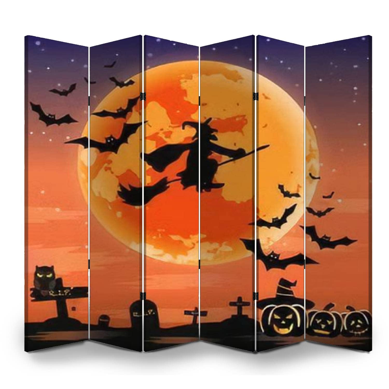6 Panel Canvas Room Divider Screen - Halloween Witch & Bats Design - Privacy Partition for Home, Office, Bathroom - Perfect for Seasonal Decor & Space Division