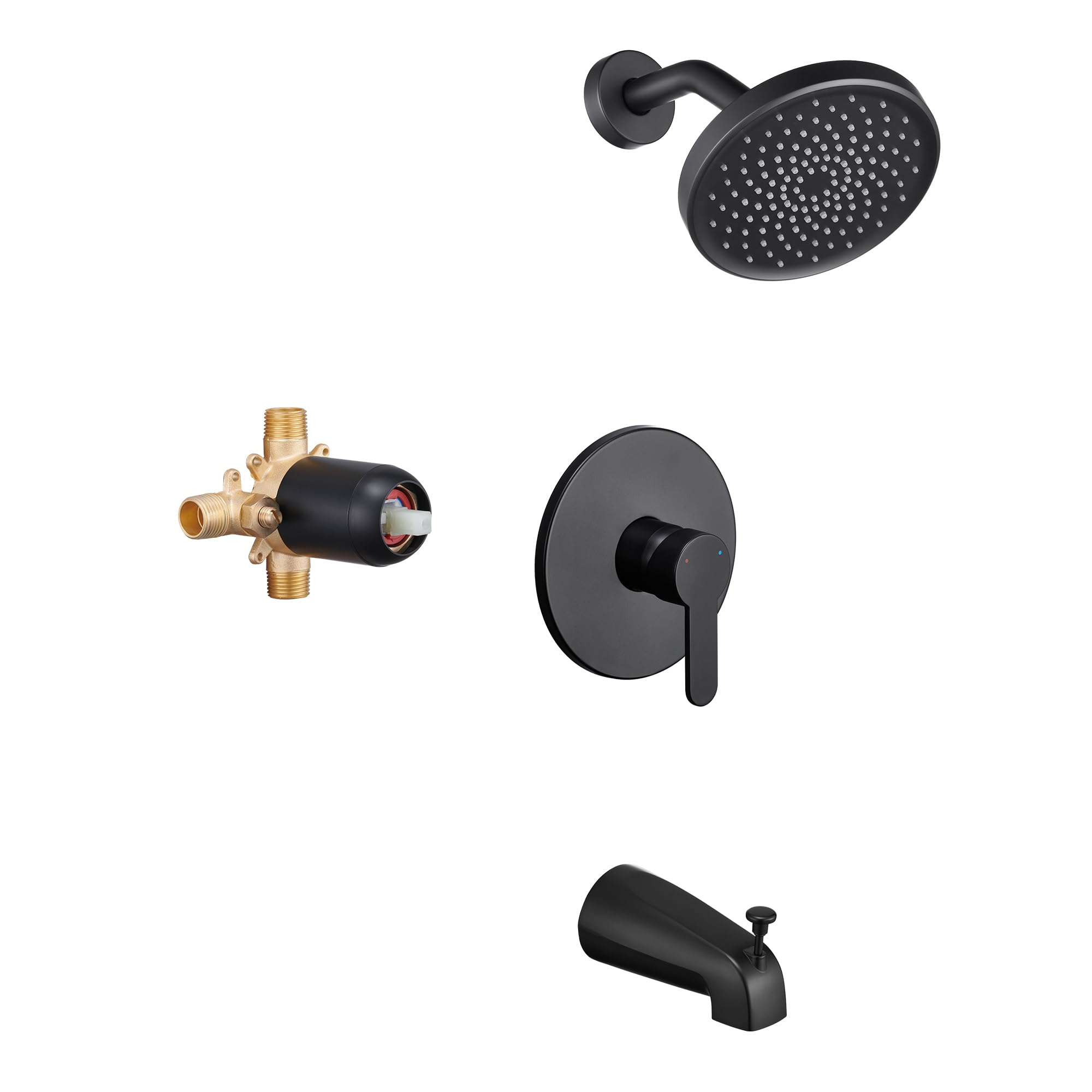 Tohlar Matte Black Shower Faucet Set - 6 Inch Rainfall Shower Head with Single Handle Valve, Tub Spout & Trim Kit for Bathroom Remodel | Modern Bathroom Upgrade for Spa-Like Experience