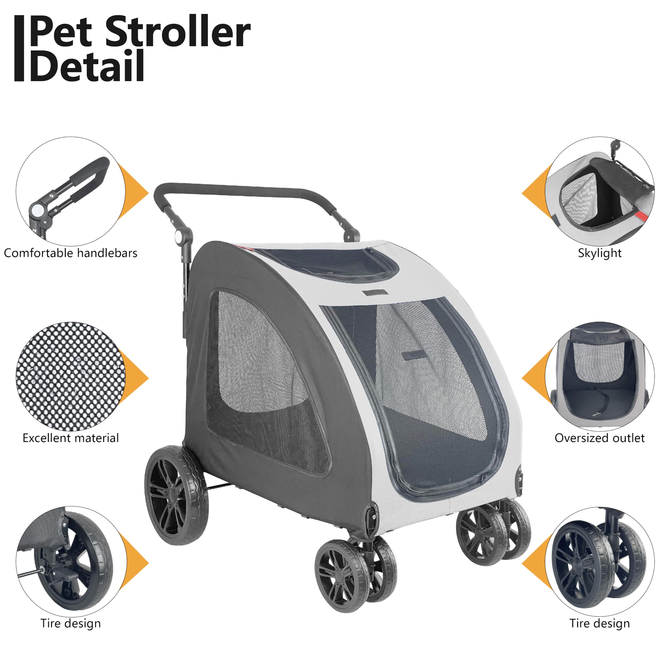 Foldable Pet Jogger Stroller for Large Dogs up to 110 lbs - Universal Wheel Dog Carrier for Single or Multiple Medium & Large Breed Dogs (Grey) - Perfect for Outdoor Walks, Jogging, Shopping & Travel