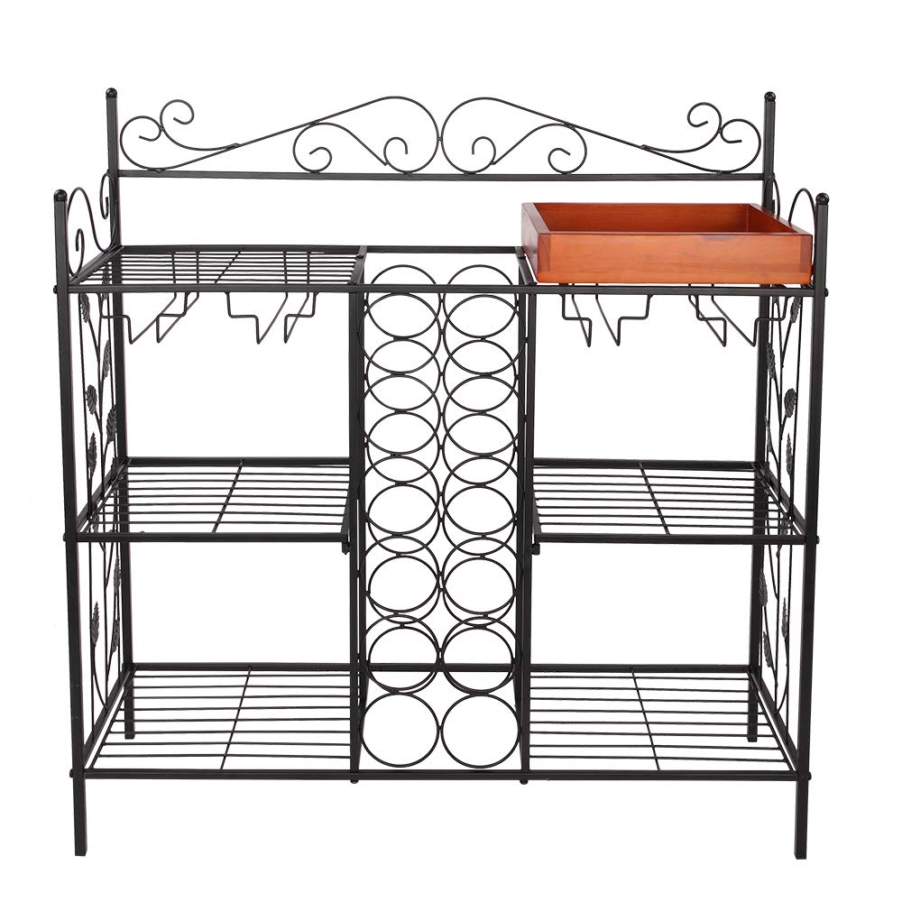 Black Metal 6-Tier Kitchen Bakers Rack with Wine Storage & Glass Holder - Sturdy Shelf Organizer for Pantry, Dining Room, or Restaurant Use