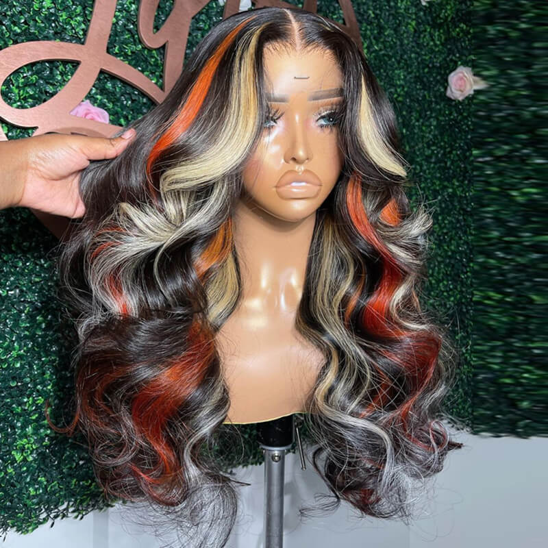 Eullair Black Red Blonde Body Wave Wig with Blue Orange Balayage Highlights - 3 Color Straight Lace Frontal Human Hair Wig for Cosplay, Halloween & Daily Fashion