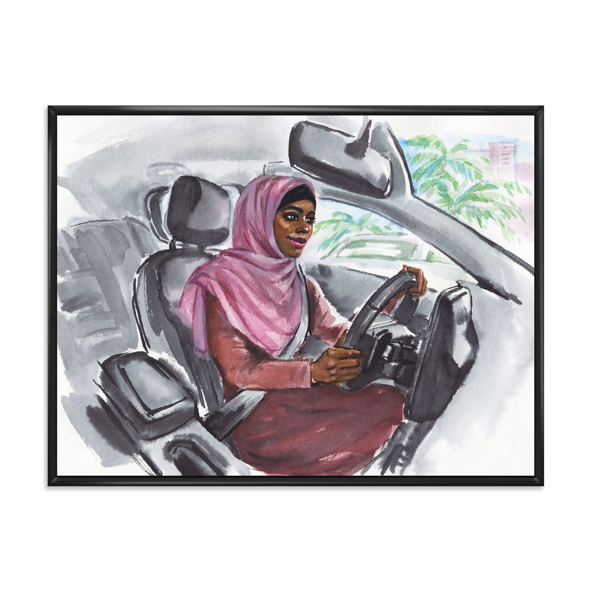 Arabian Woman Driving Car III - Modern Framed Canvas Wall Art Print for Living Room, Bedroom & Office Decor