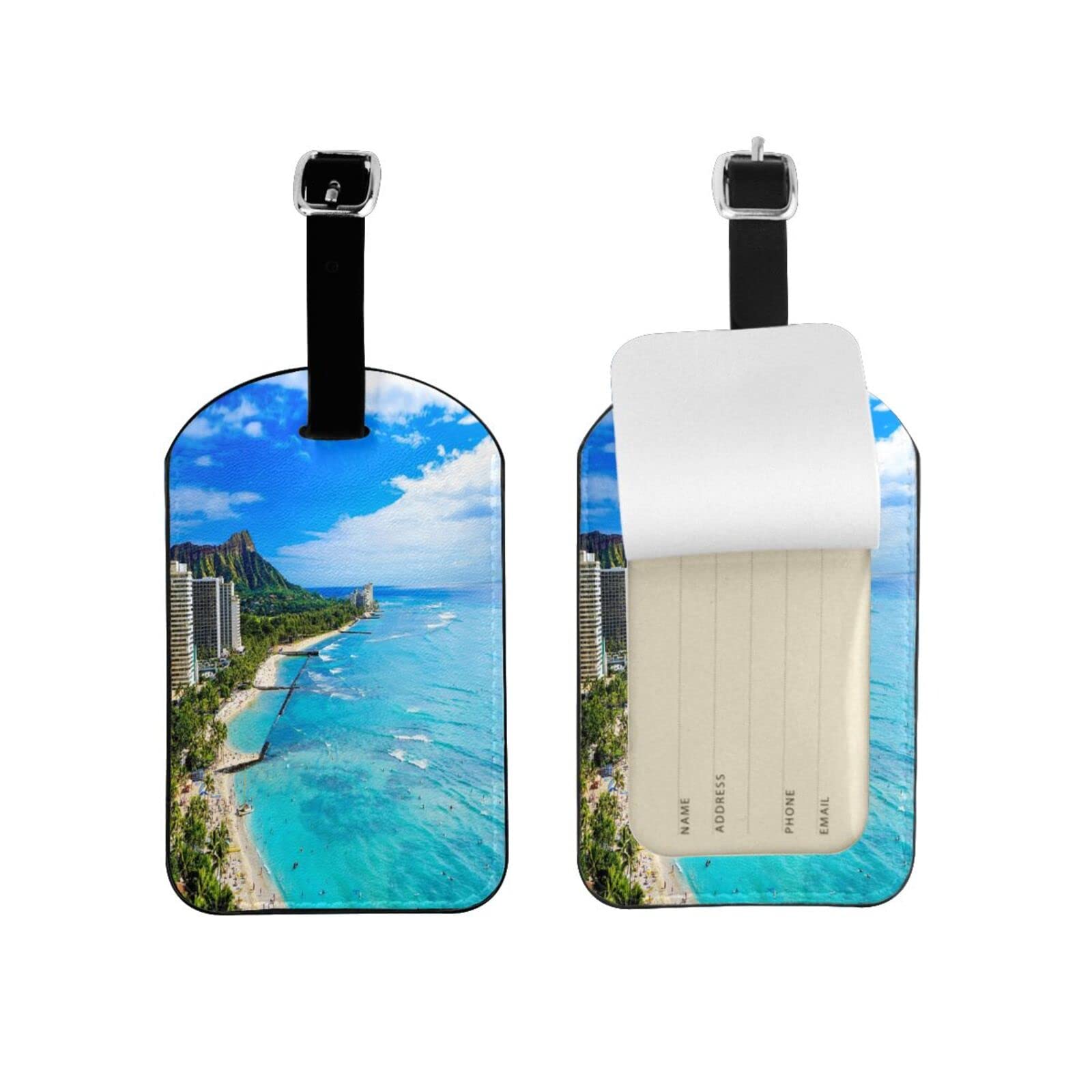 2-Piece Privacy Luggage Tags with Stainless Steel Rings & Address Cards - Waikiki Beach & Diamond Head Themed for Travel Bags & Suitcases | Perfect for Hawaii Vacations, Cruise Trips & Airplane Travel