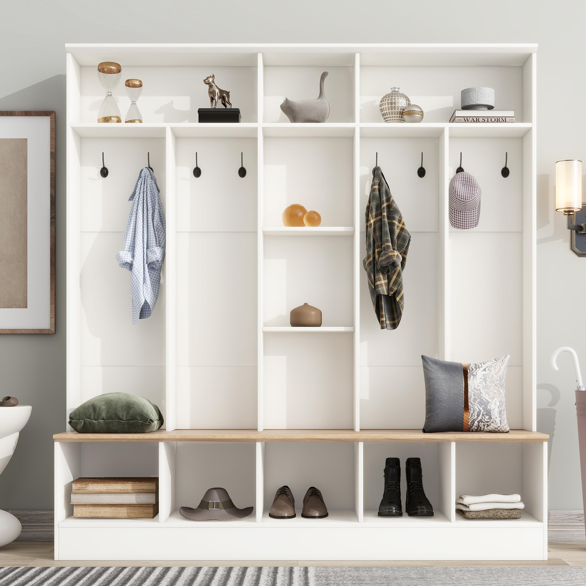 66.9 Inch Wide Entryway Hall Tree with Shelves, 8 Hooks & Storage Bench - White Shoe Cabinet with Coat Rack & Cube Storage for Mudroom Organization - Perfect for Entryway, Hallway & Home Foyer Decor