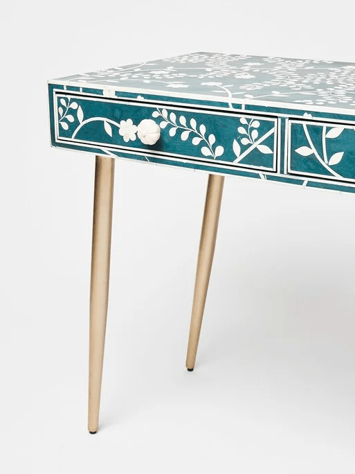 Handmade Blue Floral Inlay Wooden Desk & Vanity Dressing Table - Elegant Home Office Furniture & Bedroom Decor for Women