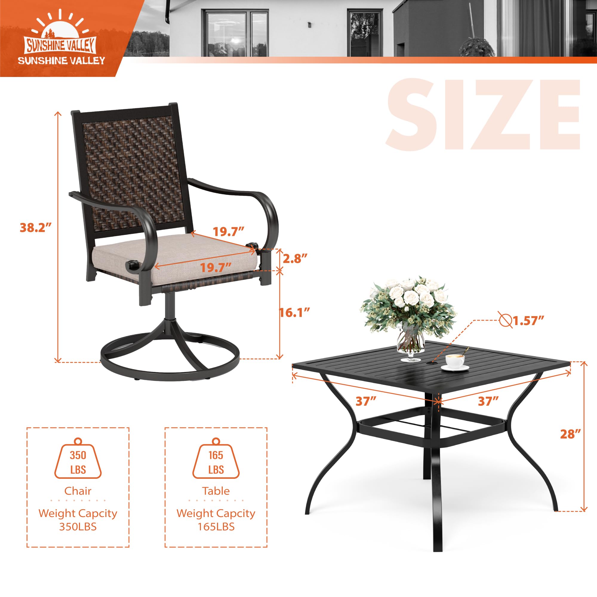 5-Piece Outdoor Patio Dining Set for 4 - All-Weather Wicker Furniture with Square Table (1.57