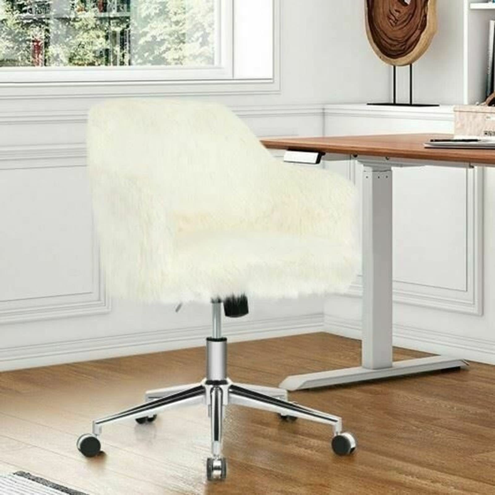HUIJK Fluffy Faux Fur Vanity Chair - Modern Durable Makeup Stool for Teen Girls, Office Chair with Soft Seat, Beige - Perfect for Bedroom, Dressing Room & Home Office