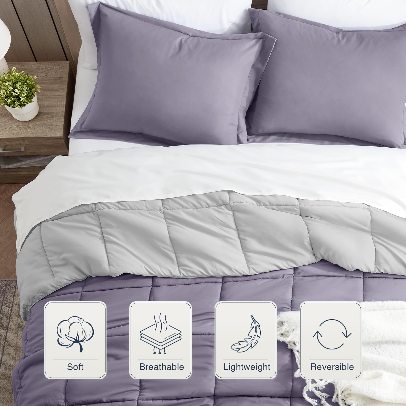Satisomnia Full Size Comforter Set - 3 Piece Purple Down Alternative Bedding, Lightweight & Breathable Reversible Quilted Comforter for All Seasons | Soft Bed Set for Master Bedroom, Guest Room & Dorm