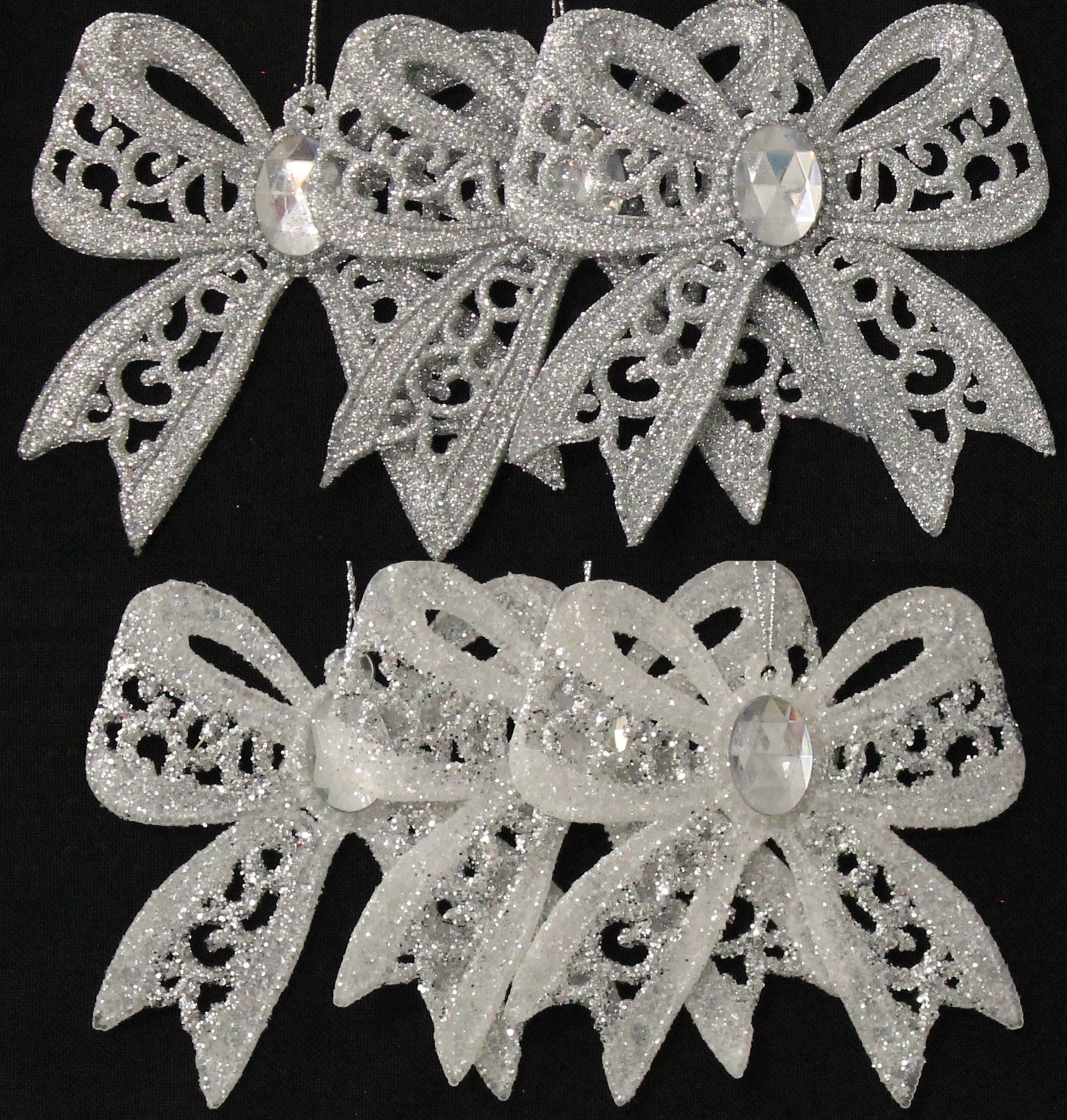 3 Pack Silver & White Glitter Bow Ornaments - Christmas Tree Decorations, Gift Wrapping, Party Favors & Home Decor Accessories