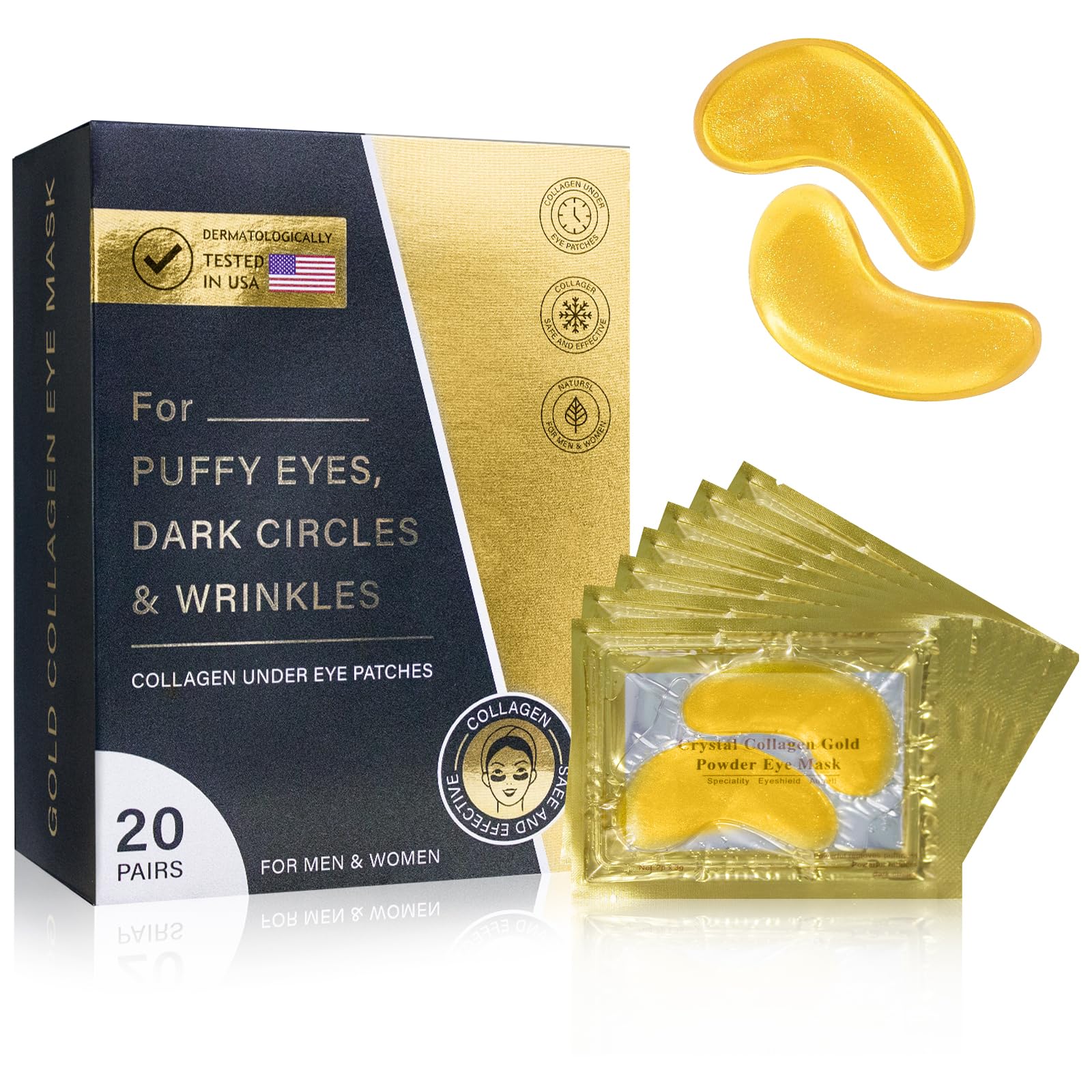 20 Pairs Under Eye Gold Patches with Hyaluronic Acid & Collagen - Reduce Puffy Eyes, Dark Circles & Wrinkles - Hydrating Eye Care Treatment for Men & Women - Perfect Gift for Skincare & Stress Relief at Home or Office