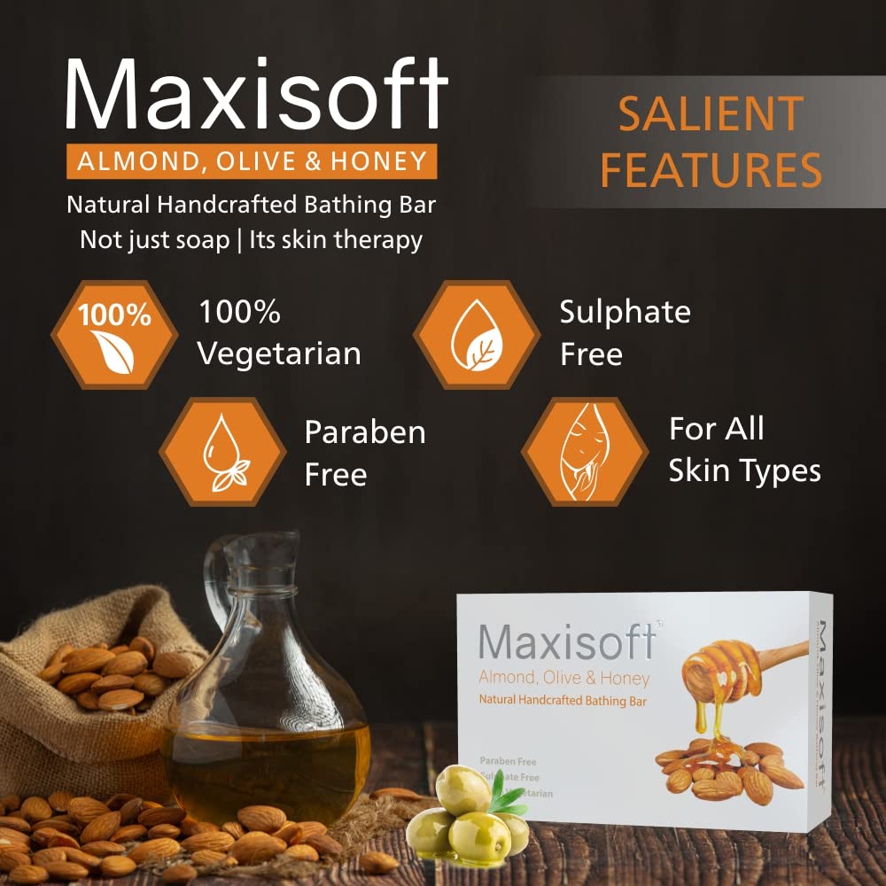 Maxisoft Almond Olive Honey Skin Nourishing Soap Bar 100g - Natural Moisturizing with Almond Oil, Olive Oil, Honey & Coconut Oil | pH Balanced for All Skin Types | Pack of 3 (100g Each) | Perfect for Dry Skin Care, Daily Cleansing & Gift Sets