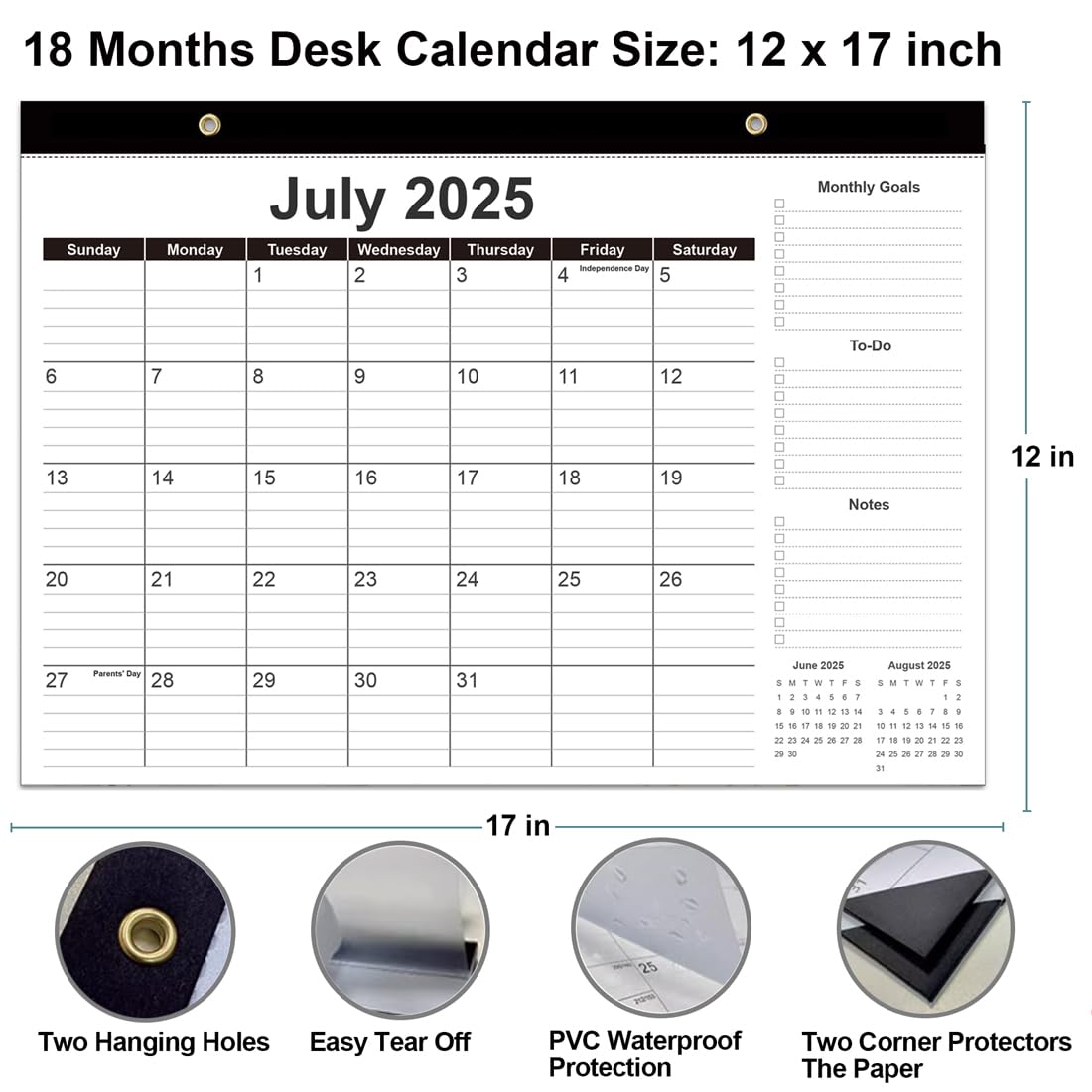 2025-2026 Desk Calendar - 18 Month Planner from July 2025 to December 2026 | Thick Paper 12