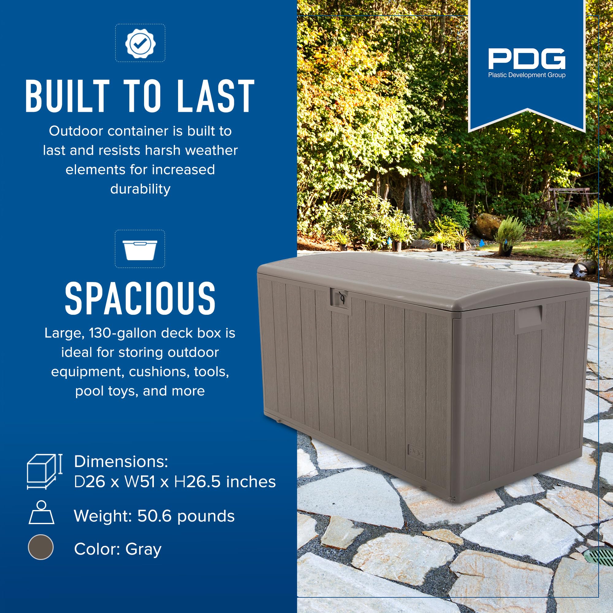 Outdoor Storage Deck Box 130 Gallon with Soft Closure - Weatherproof Plastic Deck Box for Patio, Garden & Backyard Organization - Driftwood Color
