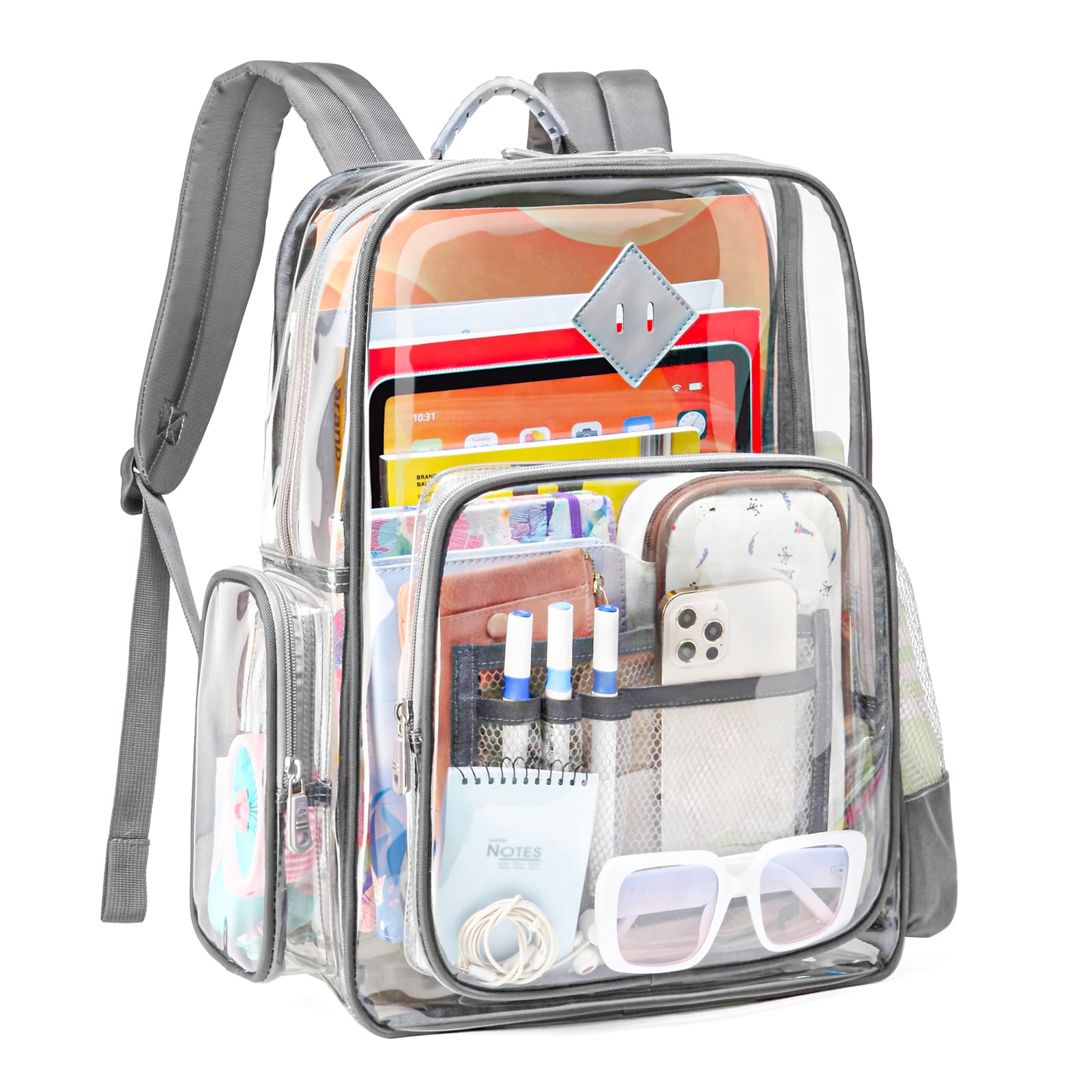 Large Clear Backpack for Men & Women - Heavy Duty PVC Transparent Bookbag, Stadium Approved See-Through Backpack Fits 16 Inch Laptop for School, Work & Travel (Gray) - Perfect for School Security Checks, Concerts, Airports and Office Commutes