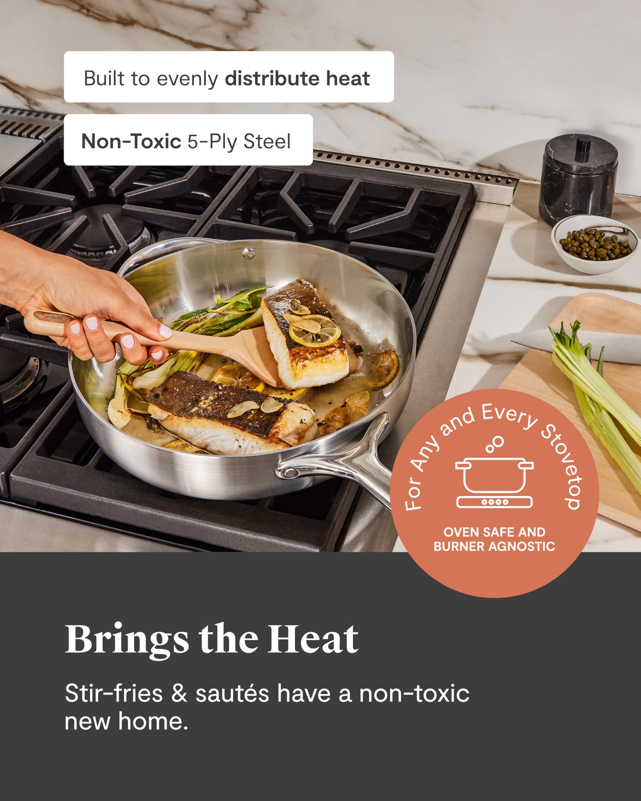 Caraway 4.5 Qt Stainless Steel Sauté Pan - 5-Ply Construction, Oven & Stovetop Safe, Non-Toxic PTFE & PFOA Free Cookware - Perfect for Searing, Braising & Everyday Cooking